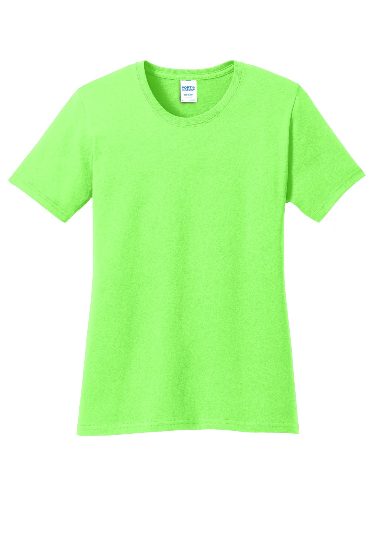 Front View of Neon Green Port & Co Women's Core Cotton Tee. LPC54 plain