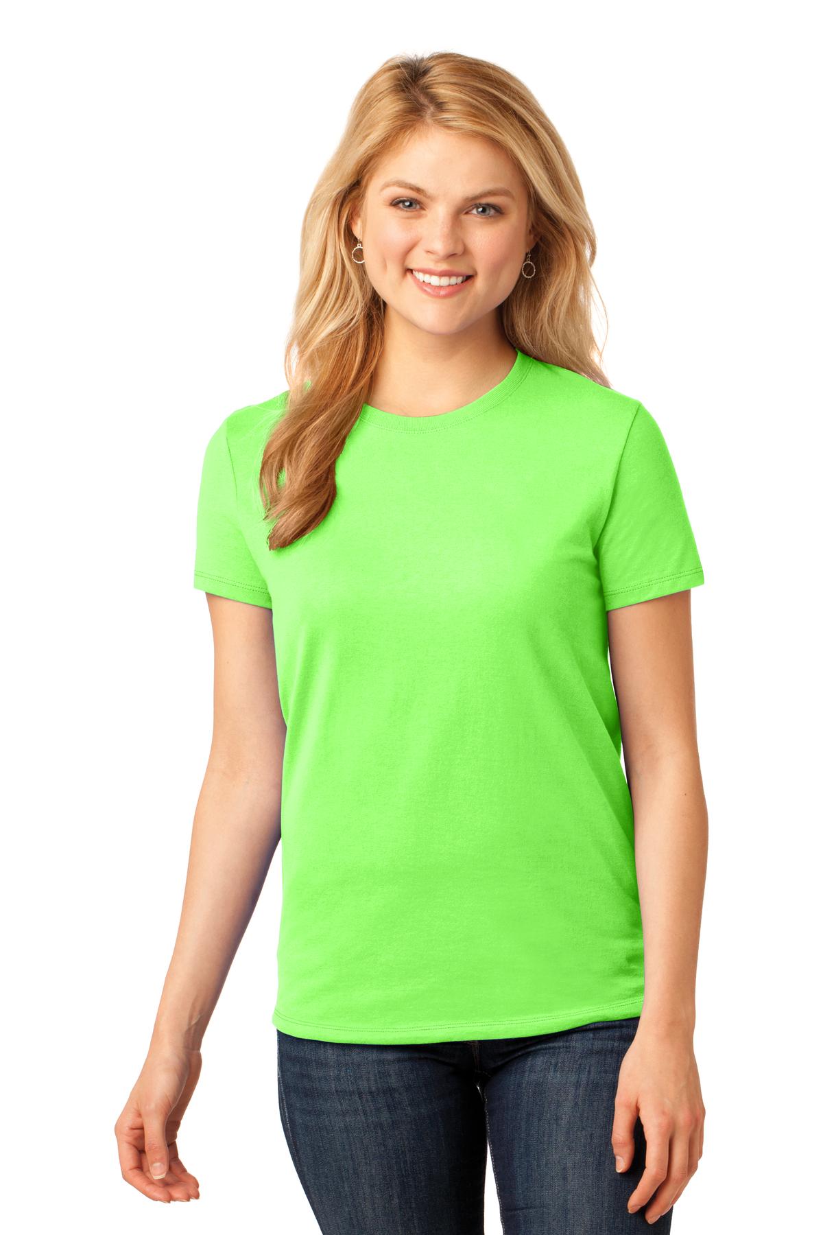 Front View of Neon Green Port & Co Women's Core Cotton Tee. LPC54 plain