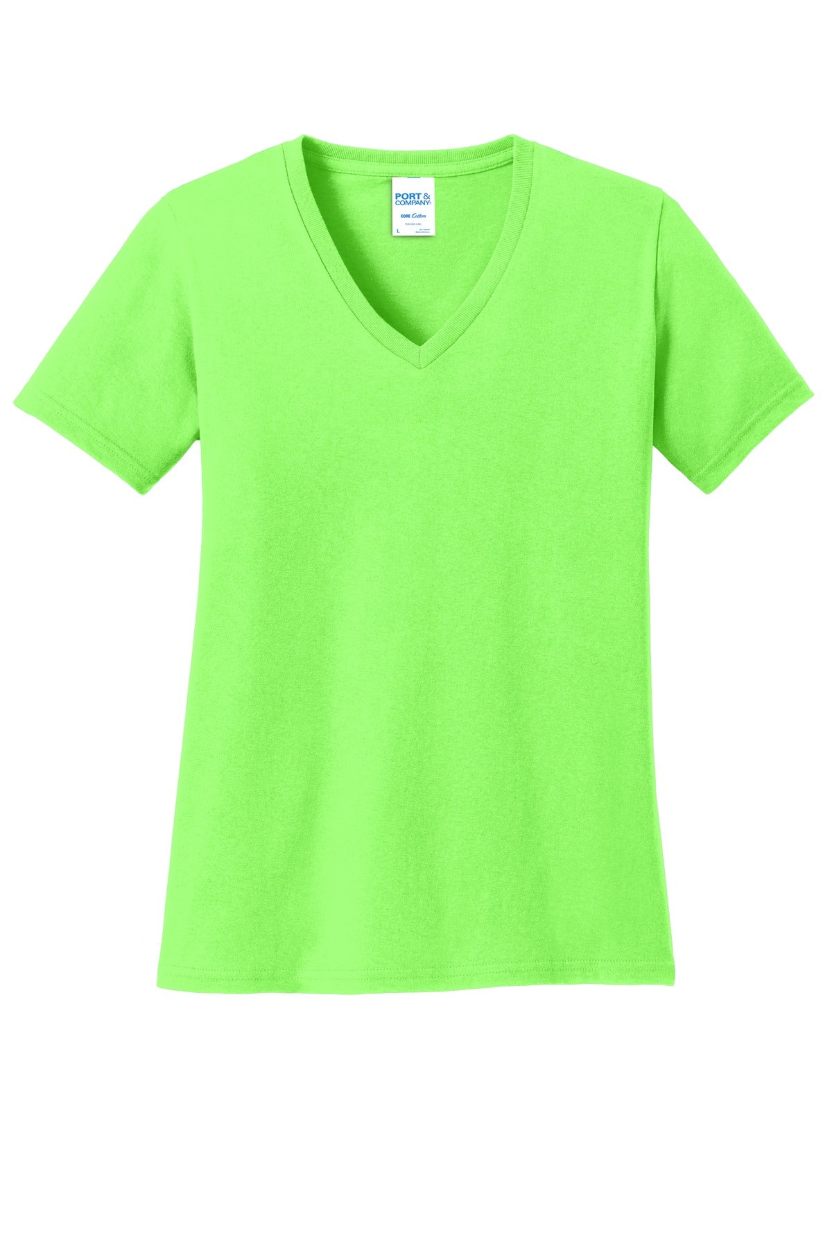 Front View of Neon Green Port & Co Women's Core Cotton V-Neck Tee. LPC54V plain
