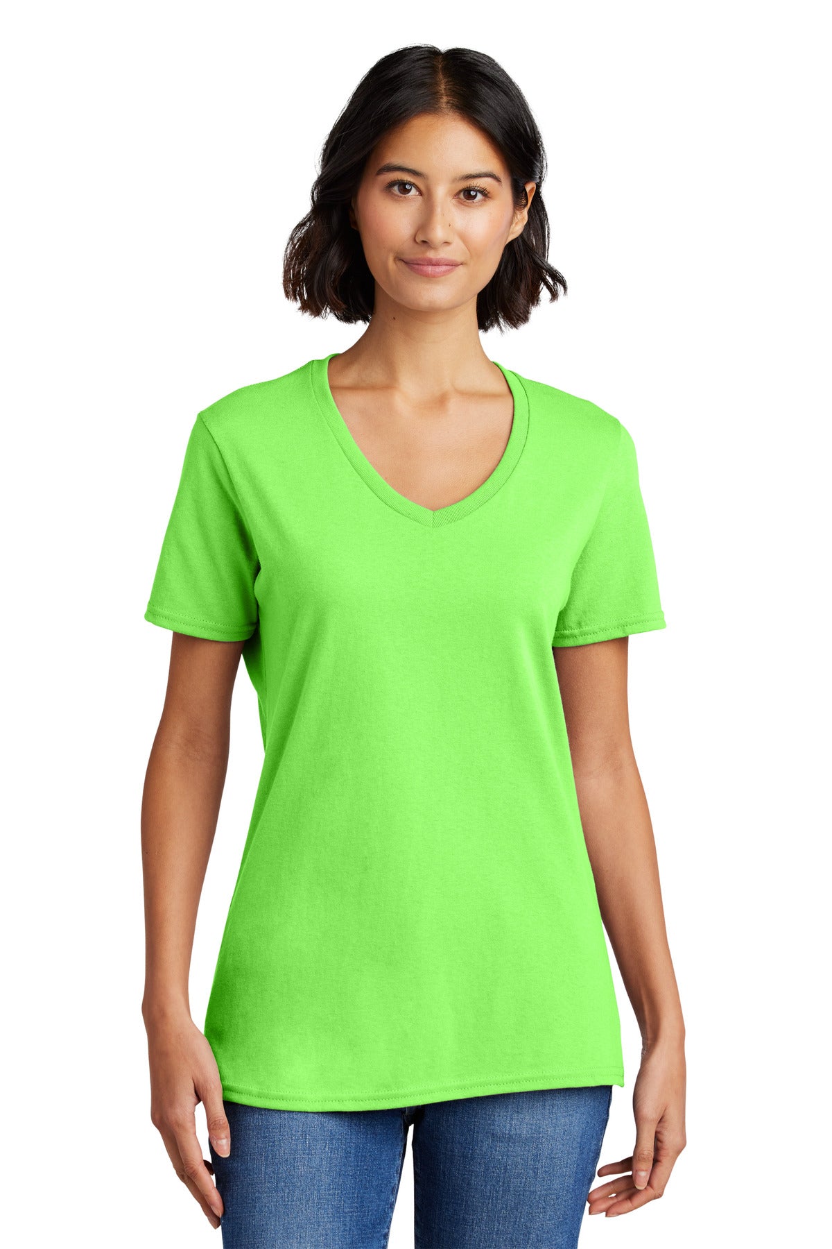 Front View of Neon Green Port & Co Women's Core Cotton V-Neck Tee. LPC54V plain