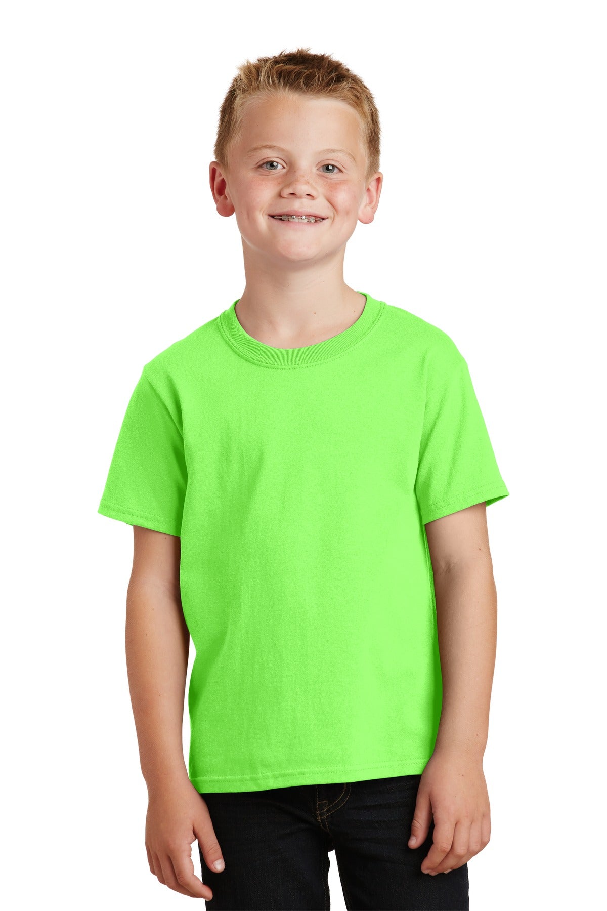Front View of Neon Green Port & Co Youth Core Cotton Tee. PC54Y plain