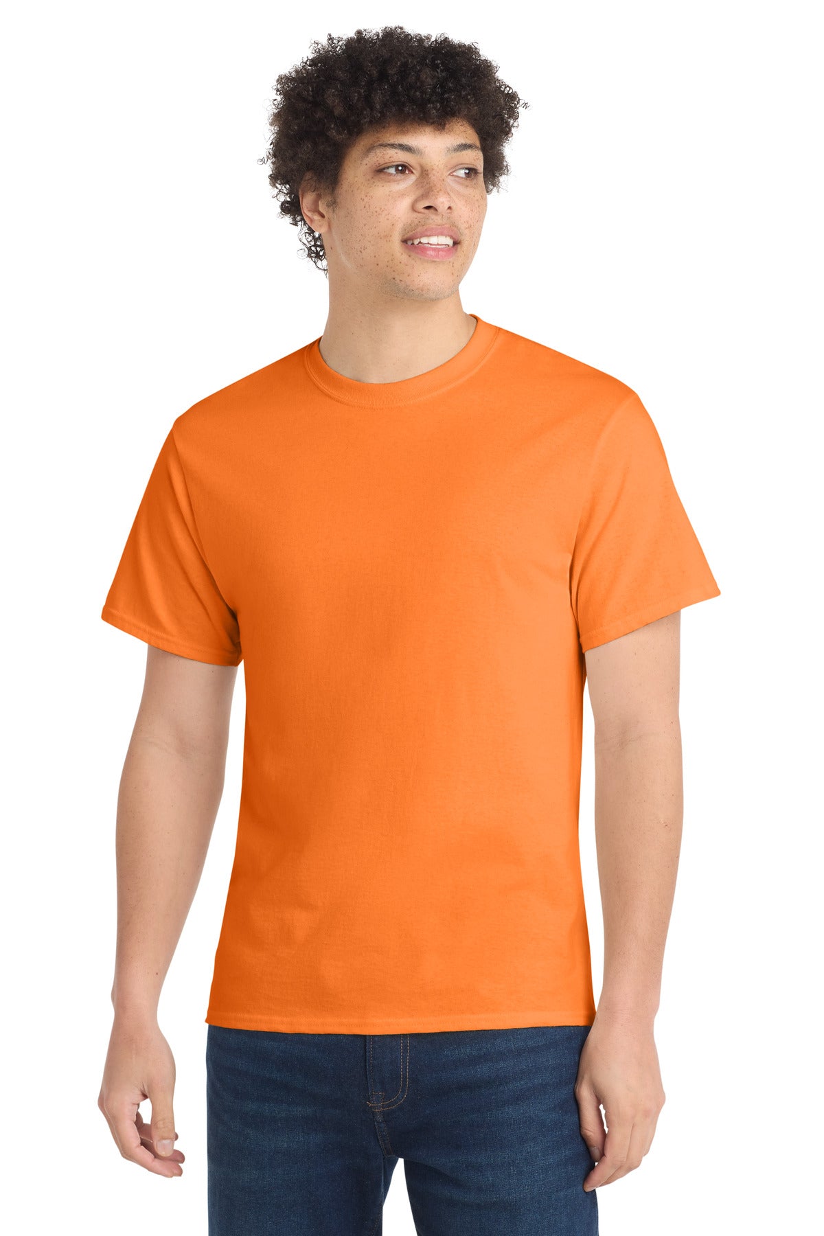 Front View of Neon Orange Port & Co Core Cotton Tee. PC54 plain