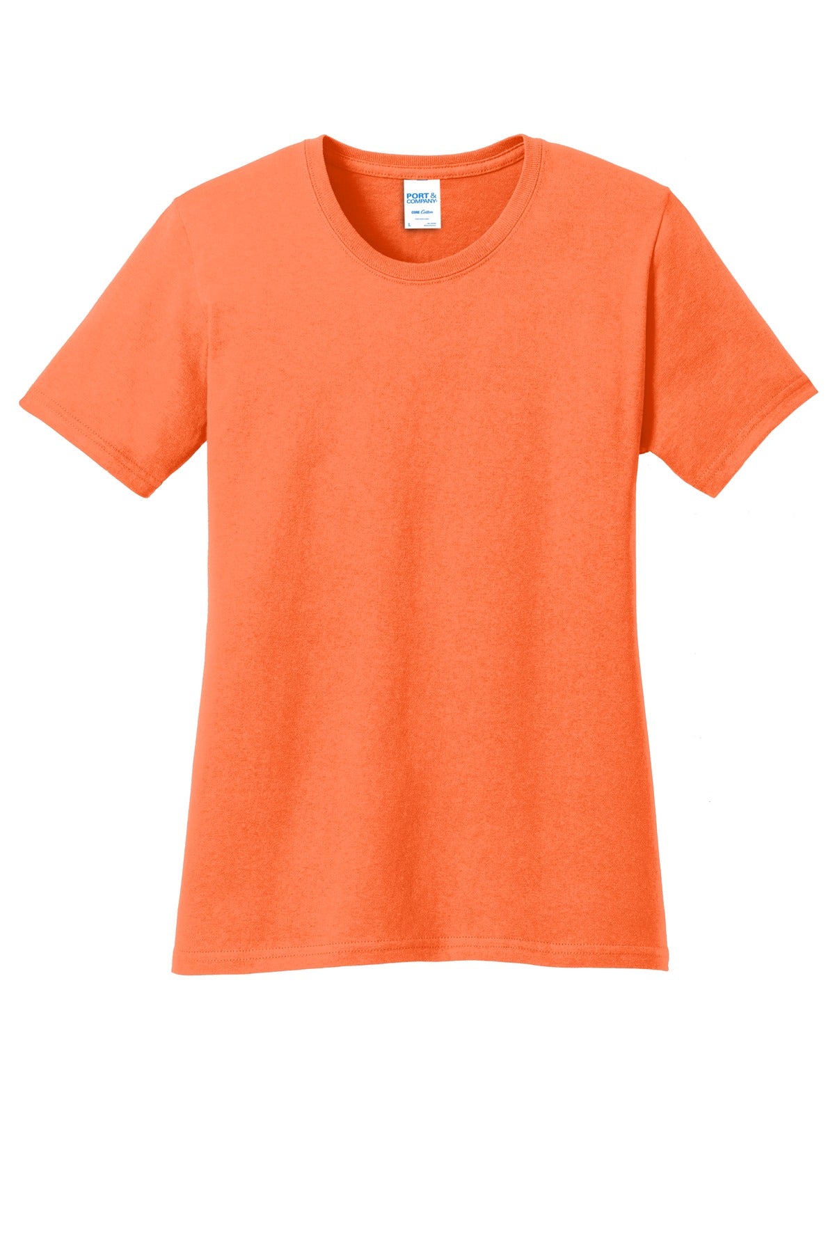 Front View of Neon Orange Port & Co Women's Core Cotton Tee. LPC54 plain