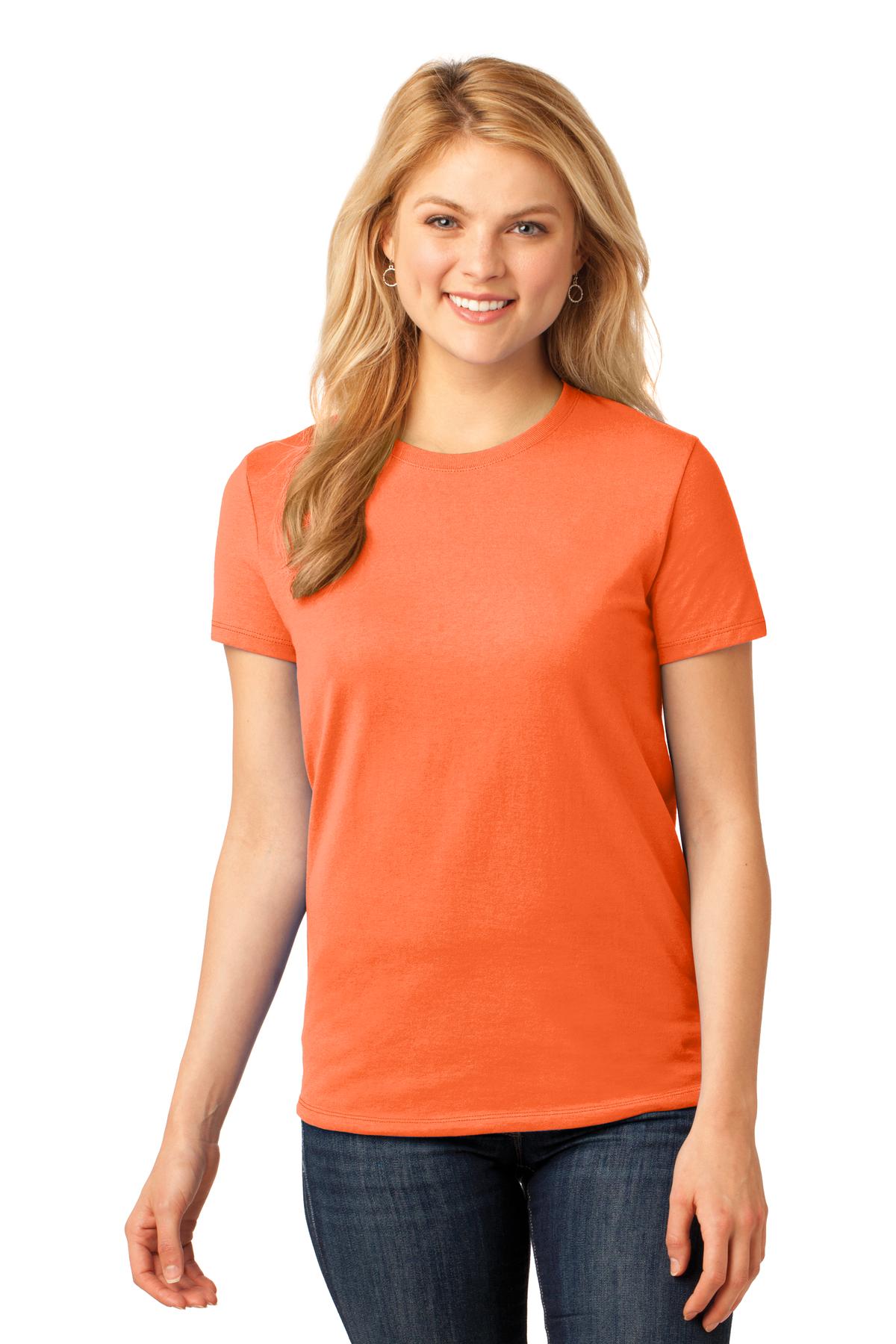 Front View of Neon Orange Port & Co Women's Core Cotton Tee. LPC54 plain