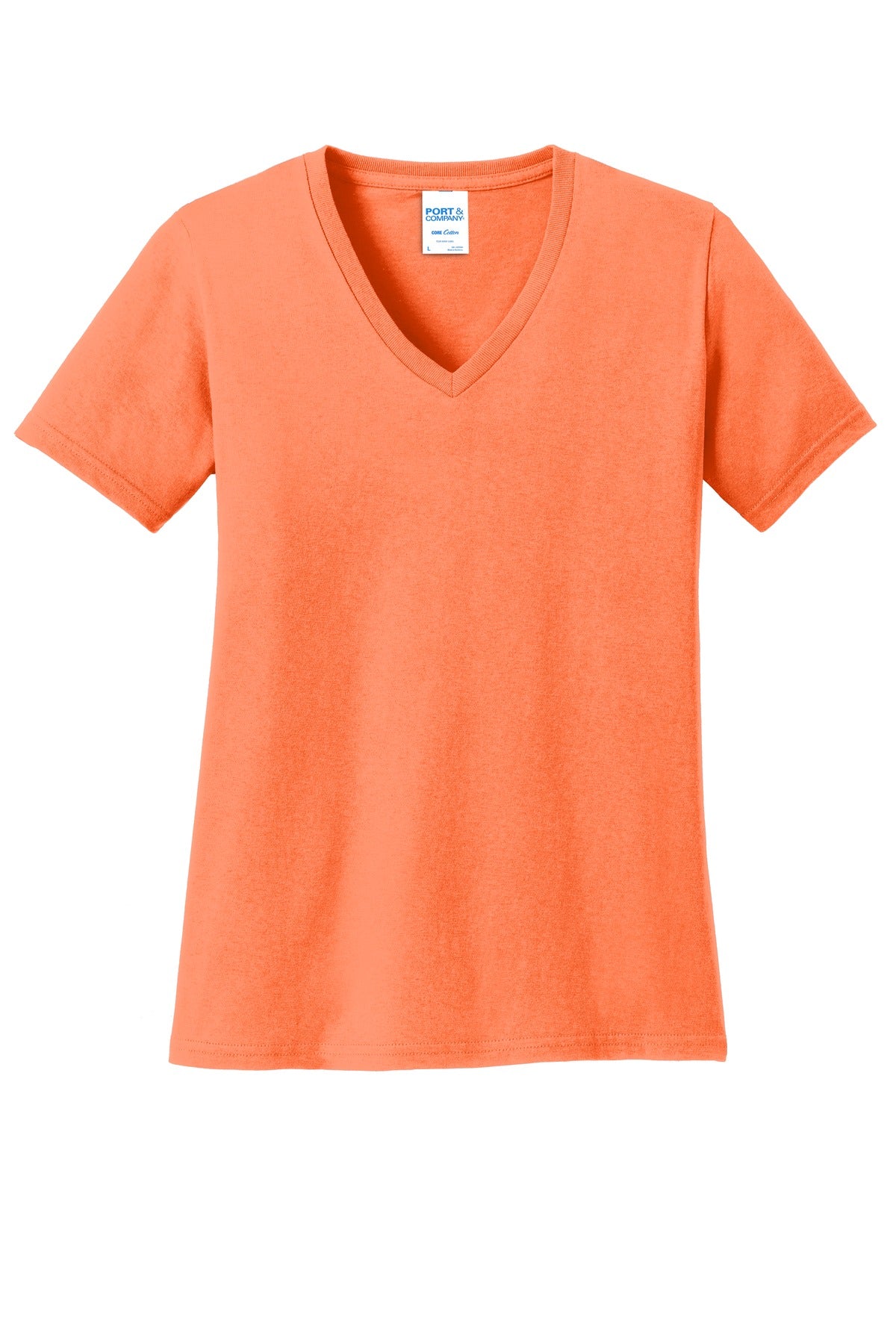 Front View of Neon Orange Port & Co Women's Core Cotton V-Neck Tee. LPC54V plain