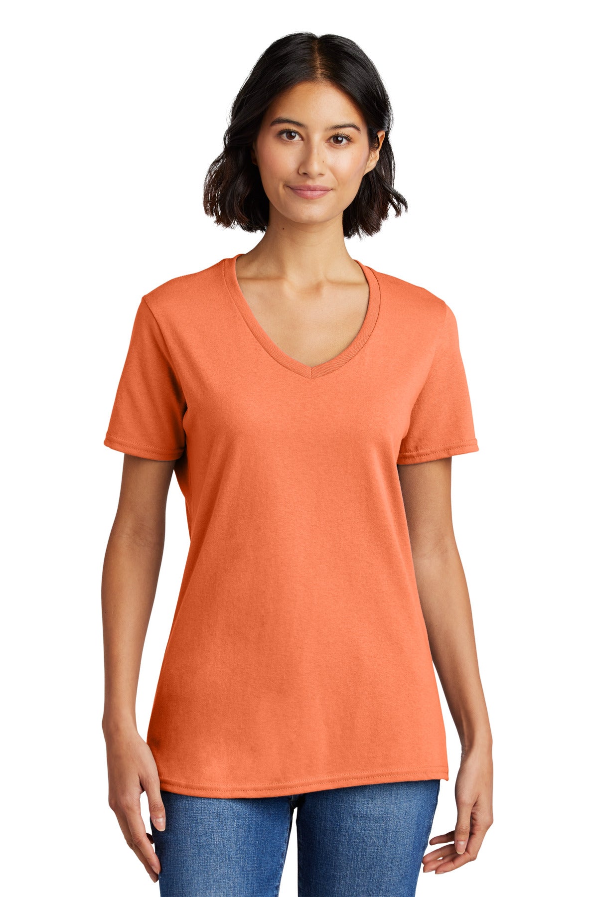 Front View of Neon Orange Port & Co Women's Core Cotton V-Neck Tee. LPC54V plain