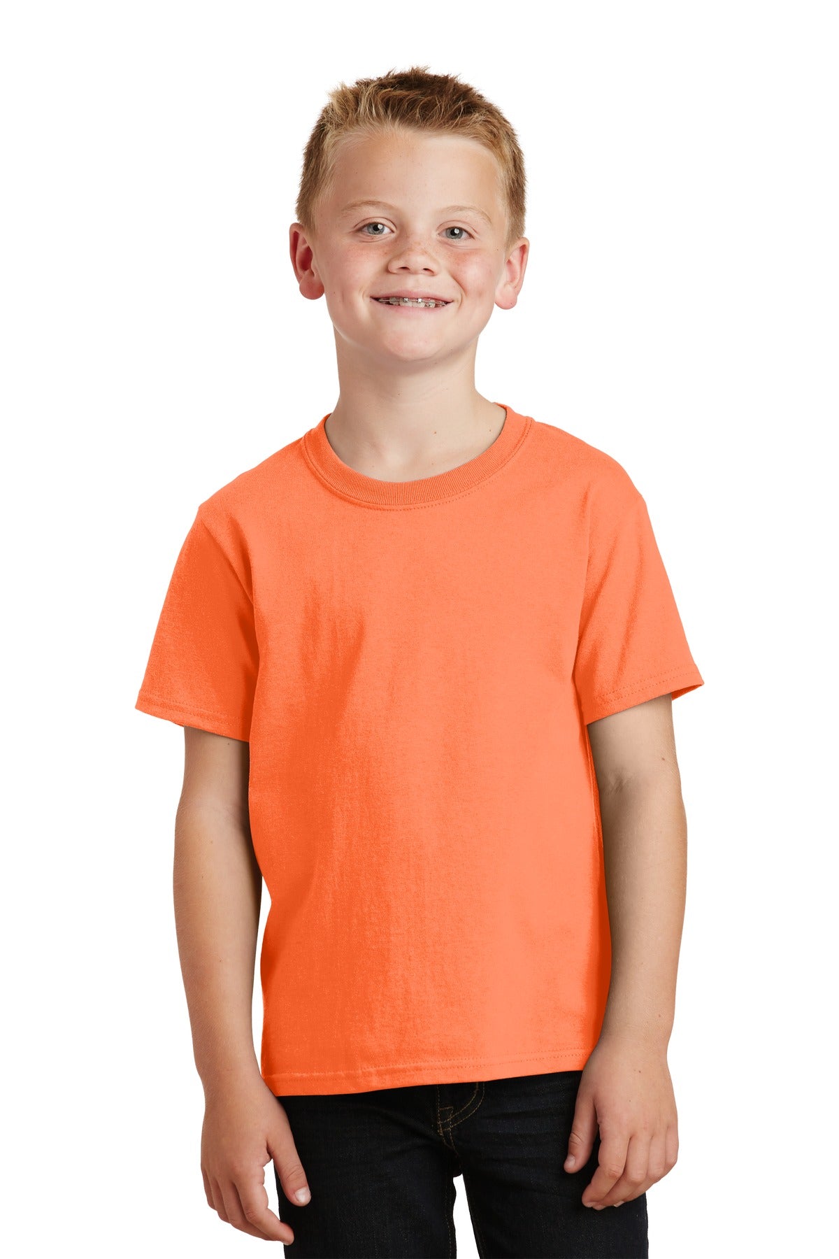Front View of Neon Orange Port & Co Youth Core Cotton Tee. PC54Y plain