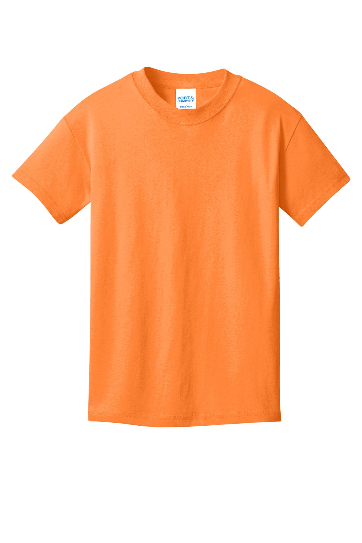 Front View of Neon Orange Port & Co Youth Core Cotton Tee. PC54Y plain