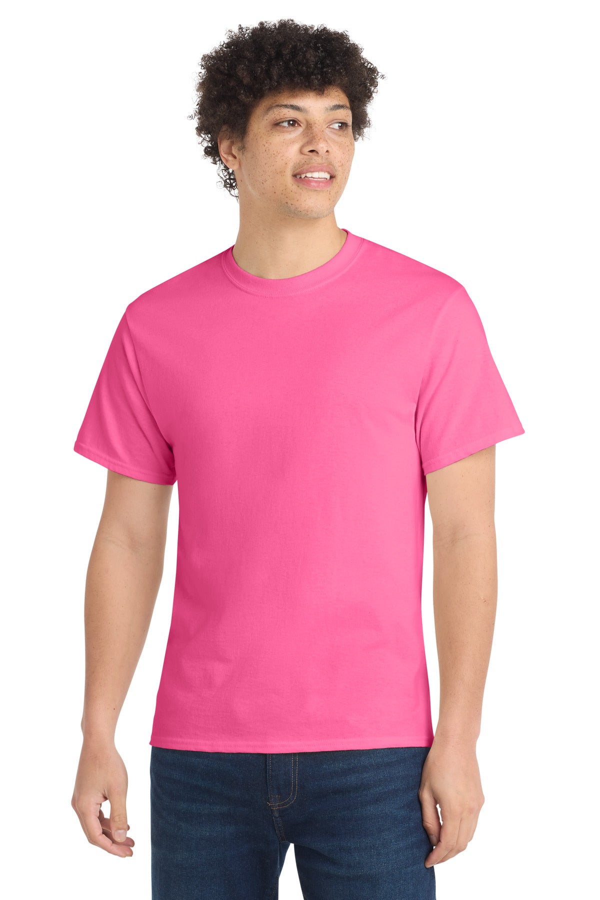 Front View of Neon Pink Port & Co Core Cotton Tee. PC54 plain