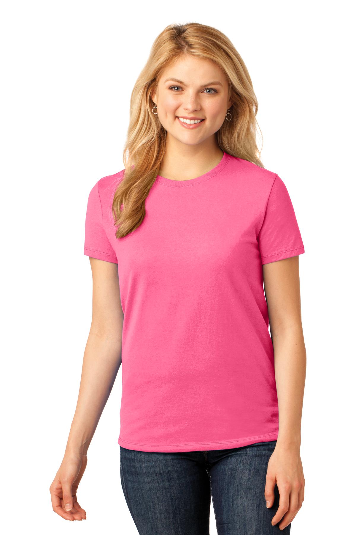 Front View of Neon Pink Port & Co Women's Core Cotton Tee. LPC54 plain
