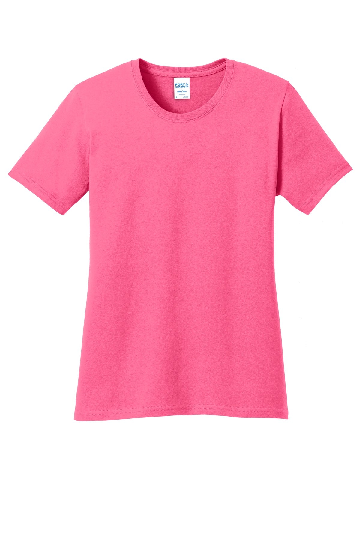 Front View of Neon Pink Port & Co Women's Core Cotton Tee. LPC54 plain