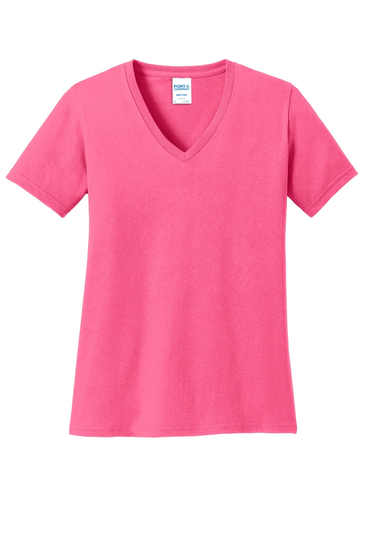 Front View of Neon Pink Port & Co Women's Core Cotton V-Neck Tee. LPC54V plain