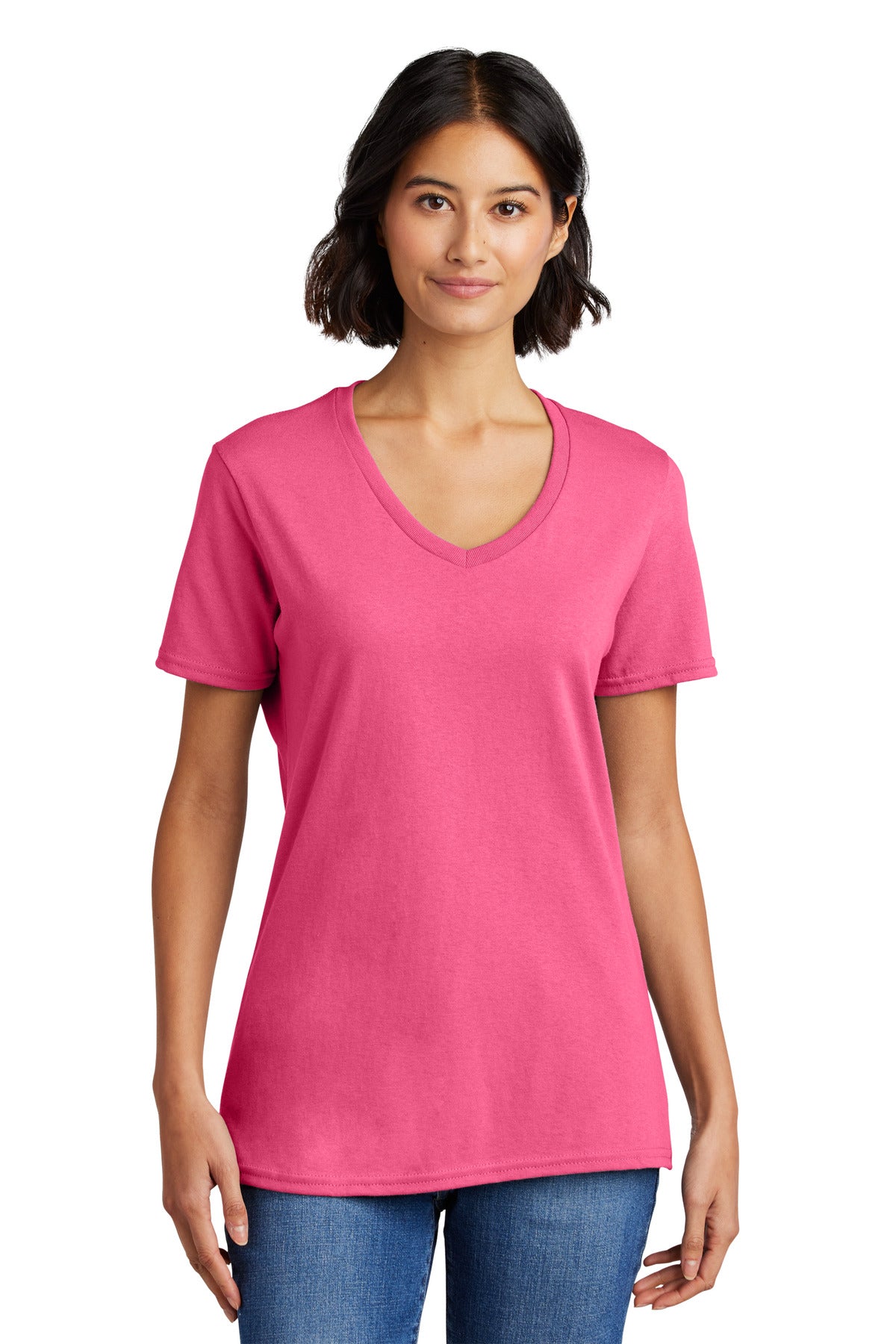 Front View of Neon Pink Port & Co Women's Core Cotton V-Neck Tee. LPC54V plain