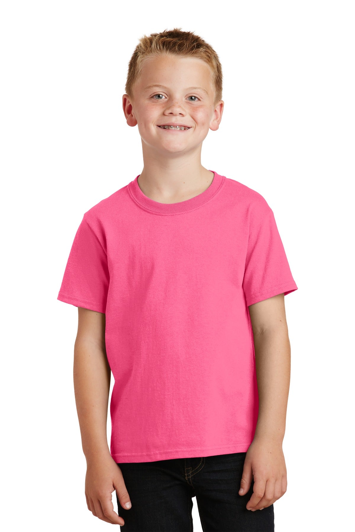 Front View of Neon Pink Port & Co Youth Core Cotton Tee. PC54Y plain