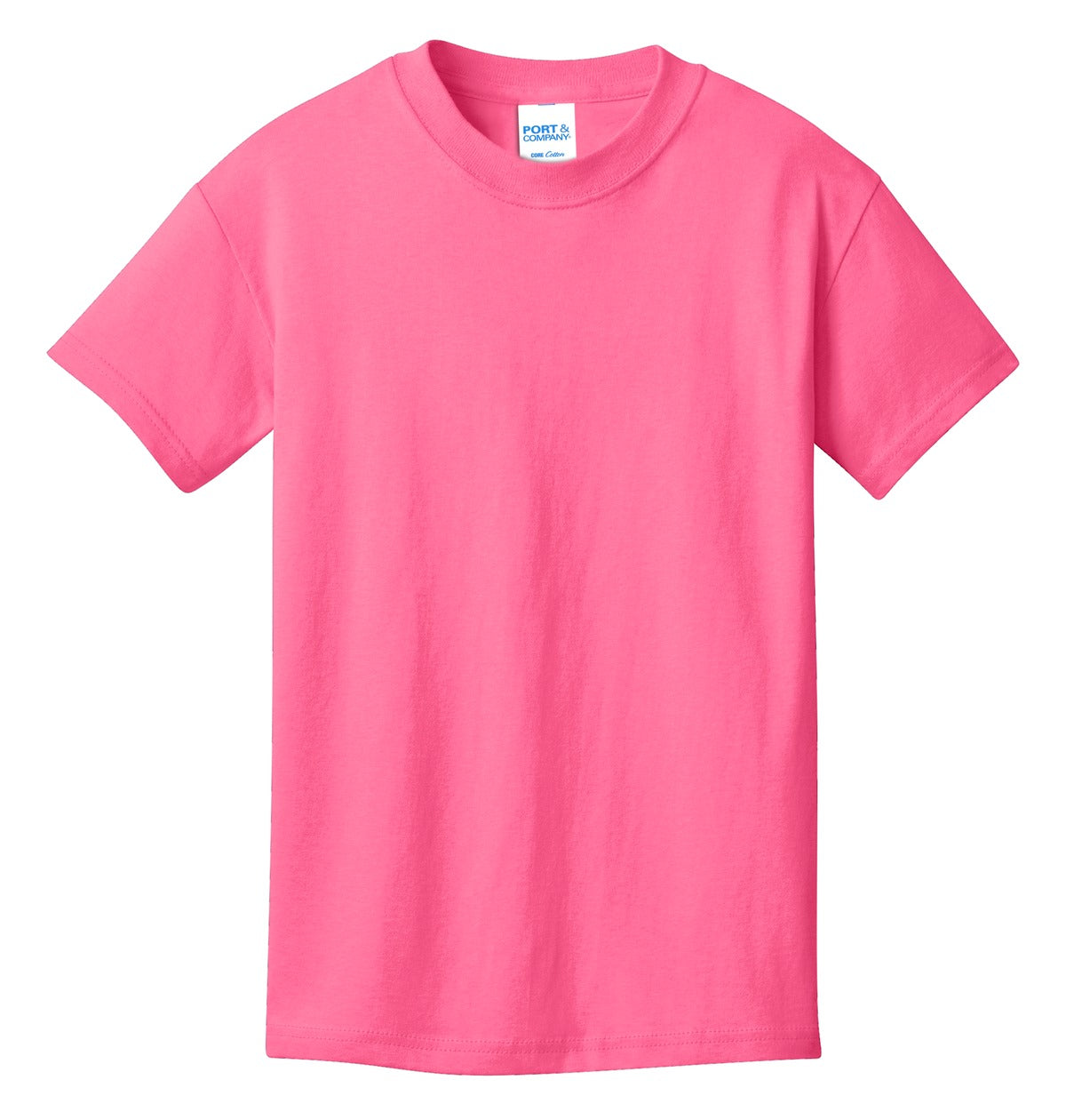 Front View of Neon Pink Port & Co Youth Core Cotton Tee. PC54Y plain