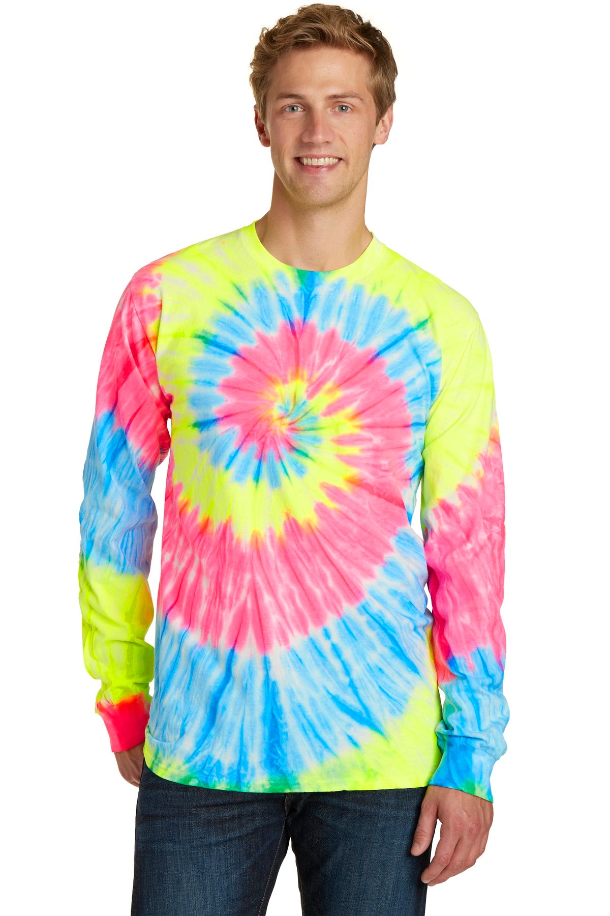 Front View of Neon Rainbow Port & Co Tie-Dye Long Sleeve Tee. PC147LS plain