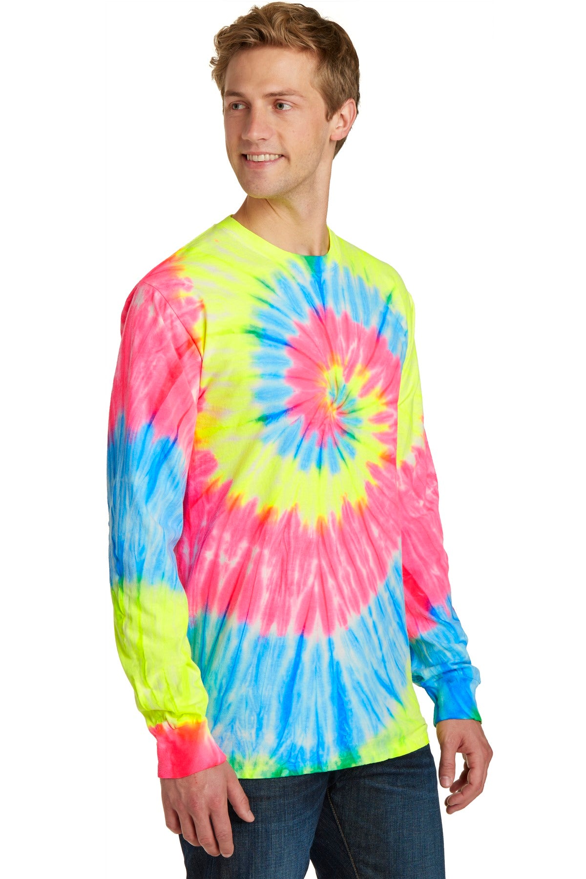 Front View of Neon Rainbow Port & Co Tie-Dye Long Sleeve Tee. PC147LS plain
