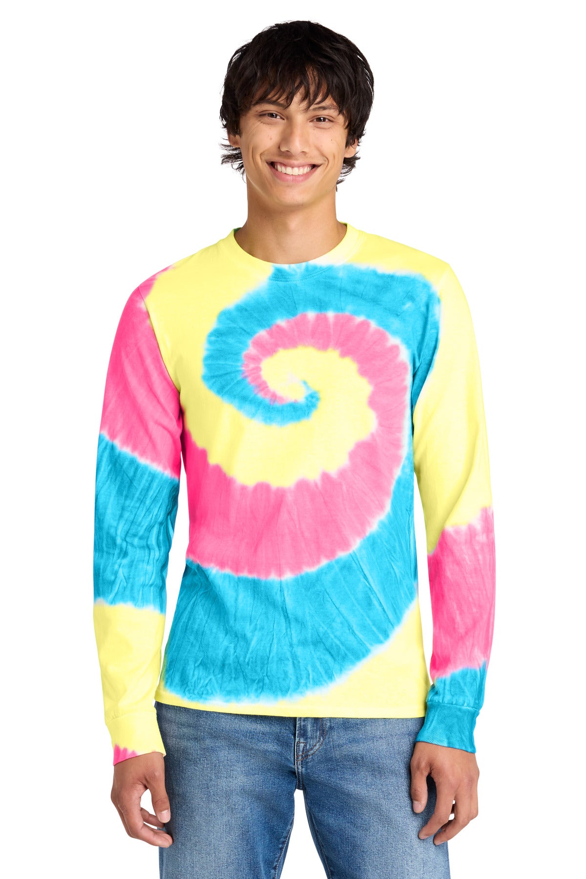 Front View of Neon Rainbow Port & Co Tie-Dye Long Sleeve Tee. PC147LS plain