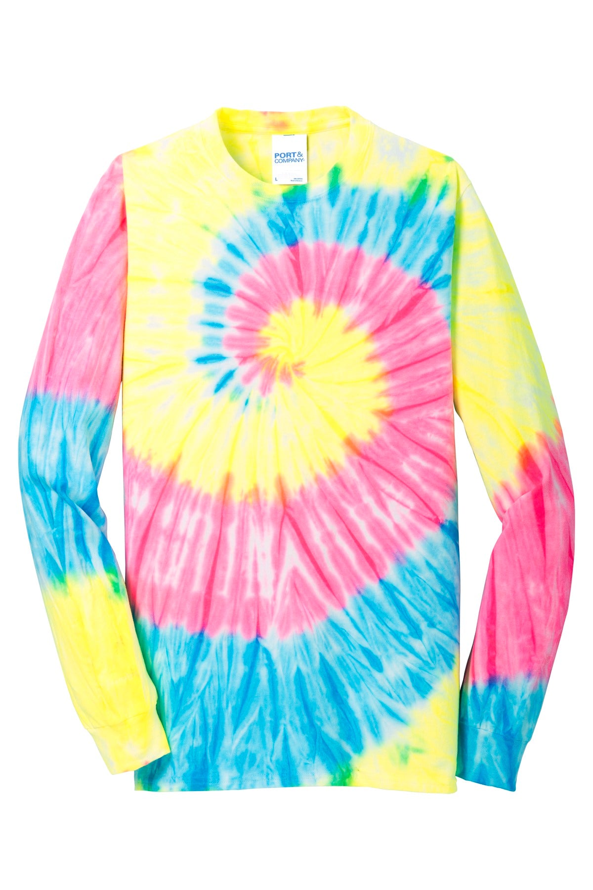 Front View of Neon Rainbow Port & Co Tie-Dye Long Sleeve Tee. PC147LS plain