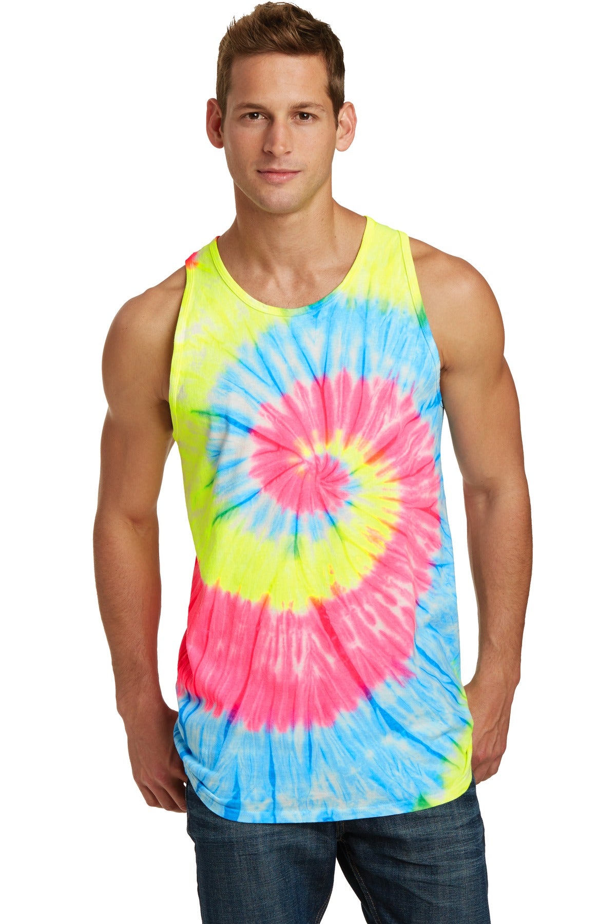 Front View of Neon Rainbow Port & Co Tie-Dye Tank Top. PC147TT plain