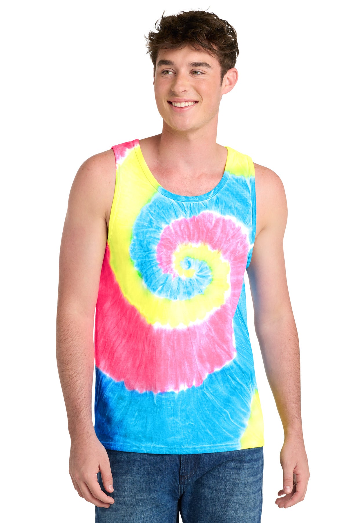 Front View of Neon Rainbow Port & Co Tie-Dye Tank Top. PC147TT plain