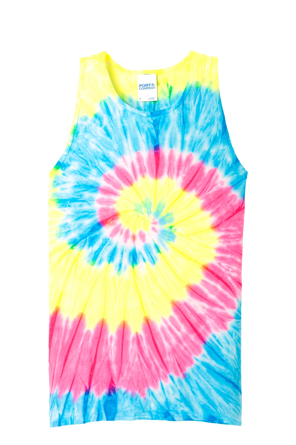 Front View of Neon Rainbow Port & Co Tie-Dye Tank Top. PC147TT plain