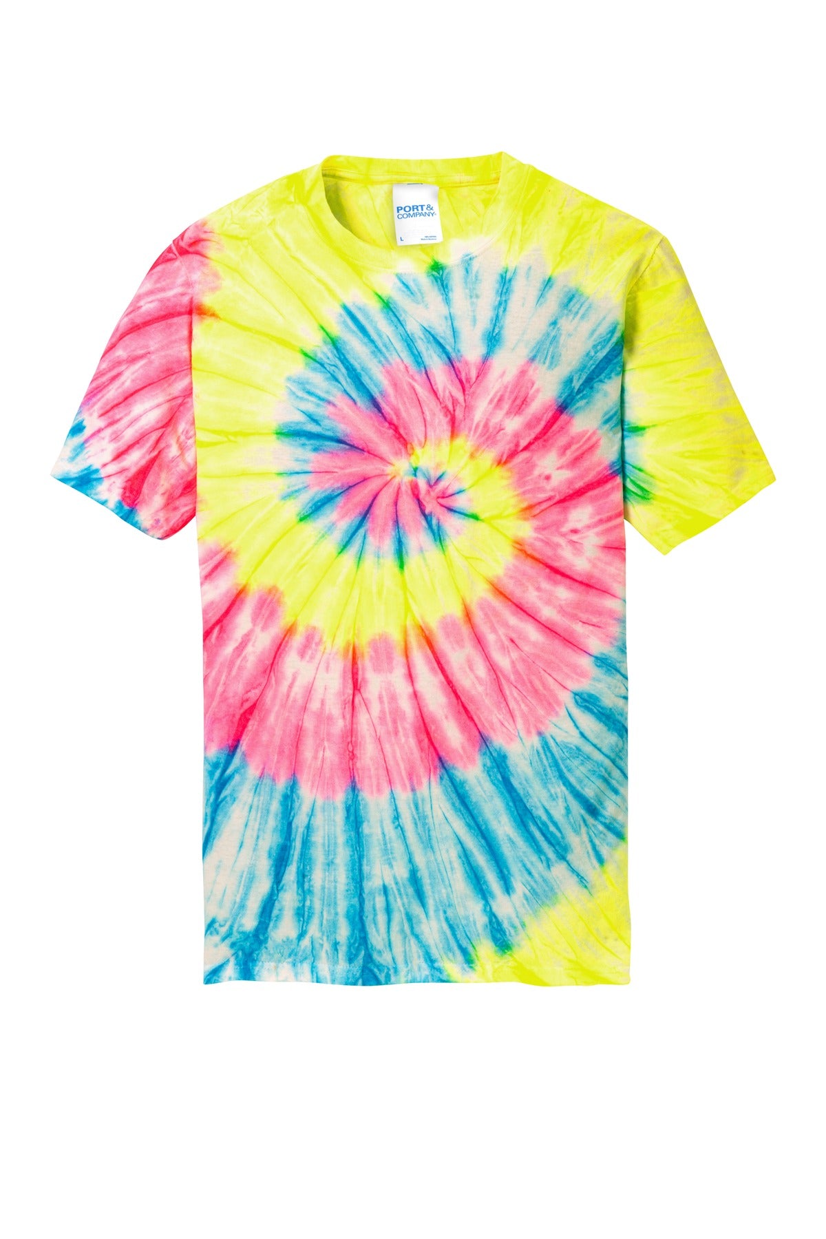 Front View of Neon Rainbow Port & Co Tie-Dye Tee. PC147 plain