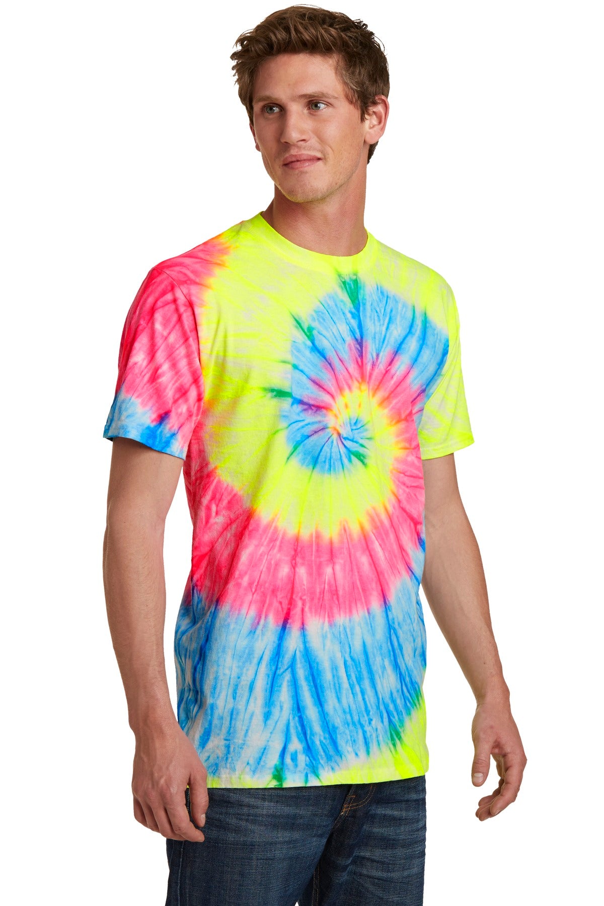 Front View of Neon Rainbow Port & Co Tie-Dye Tee. PC147 plain