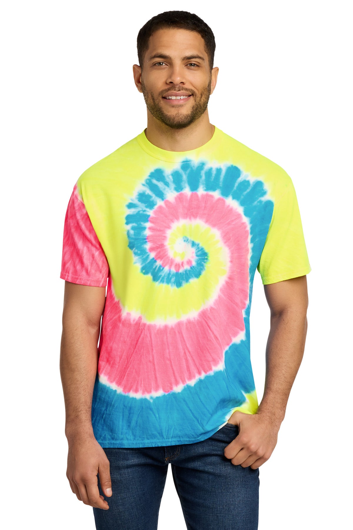 Front View of Neon Rainbow Port & Co Tie-Dye Tee. PC147 plain