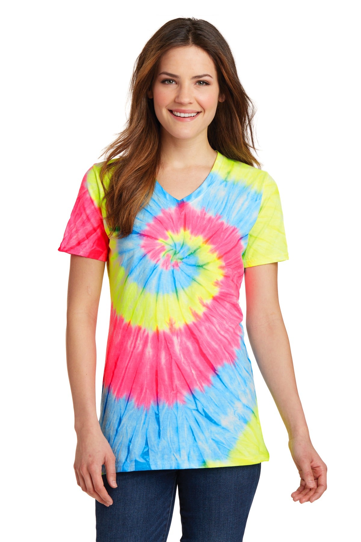 Front View of Neon Rainbow Port & Co Women's Tie-Dye V-Neck Tee. LPC147V plain