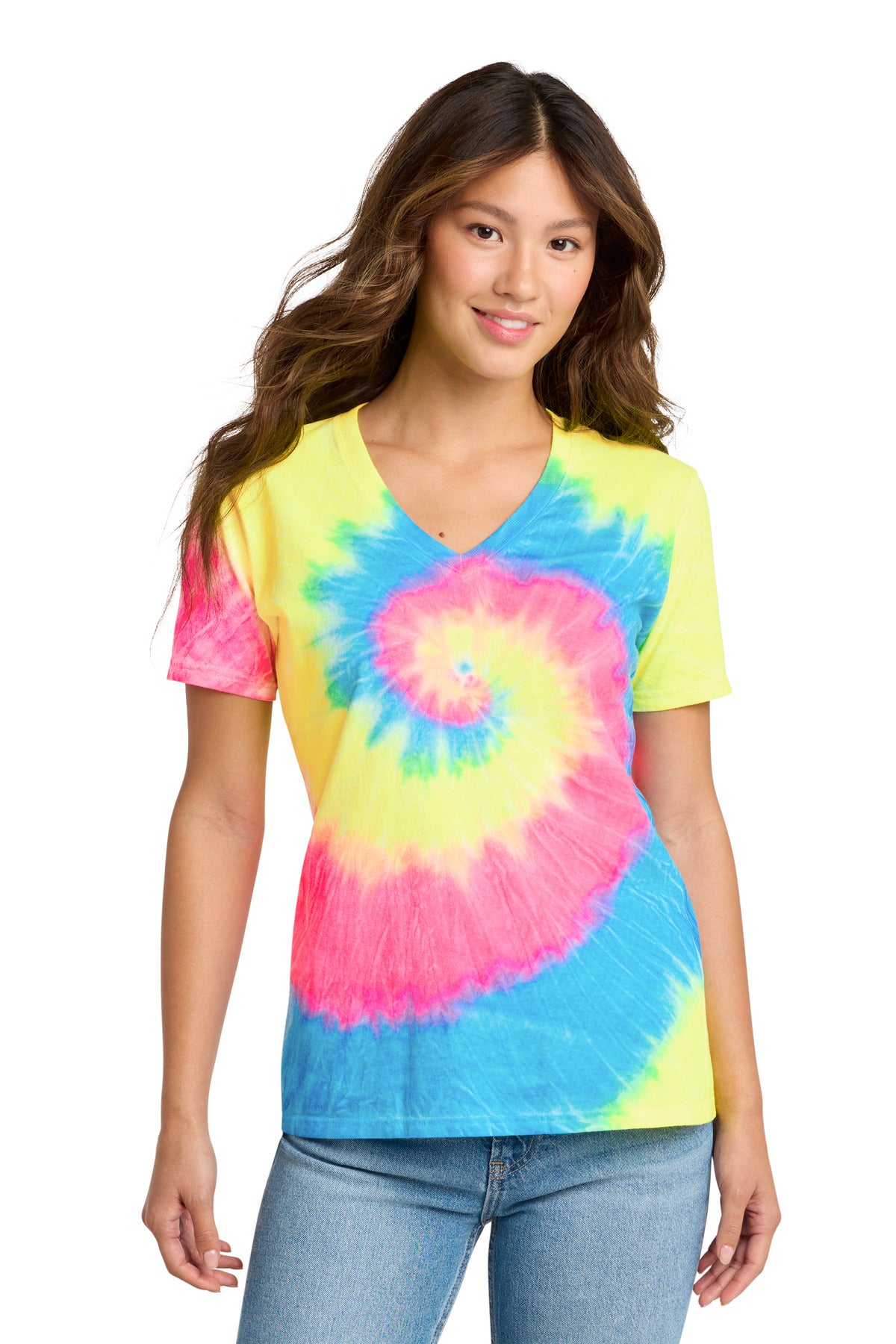 Front View of Neon Rainbow Port & Co Women's Tie-Dye V-Neck Tee. LPC147V plain