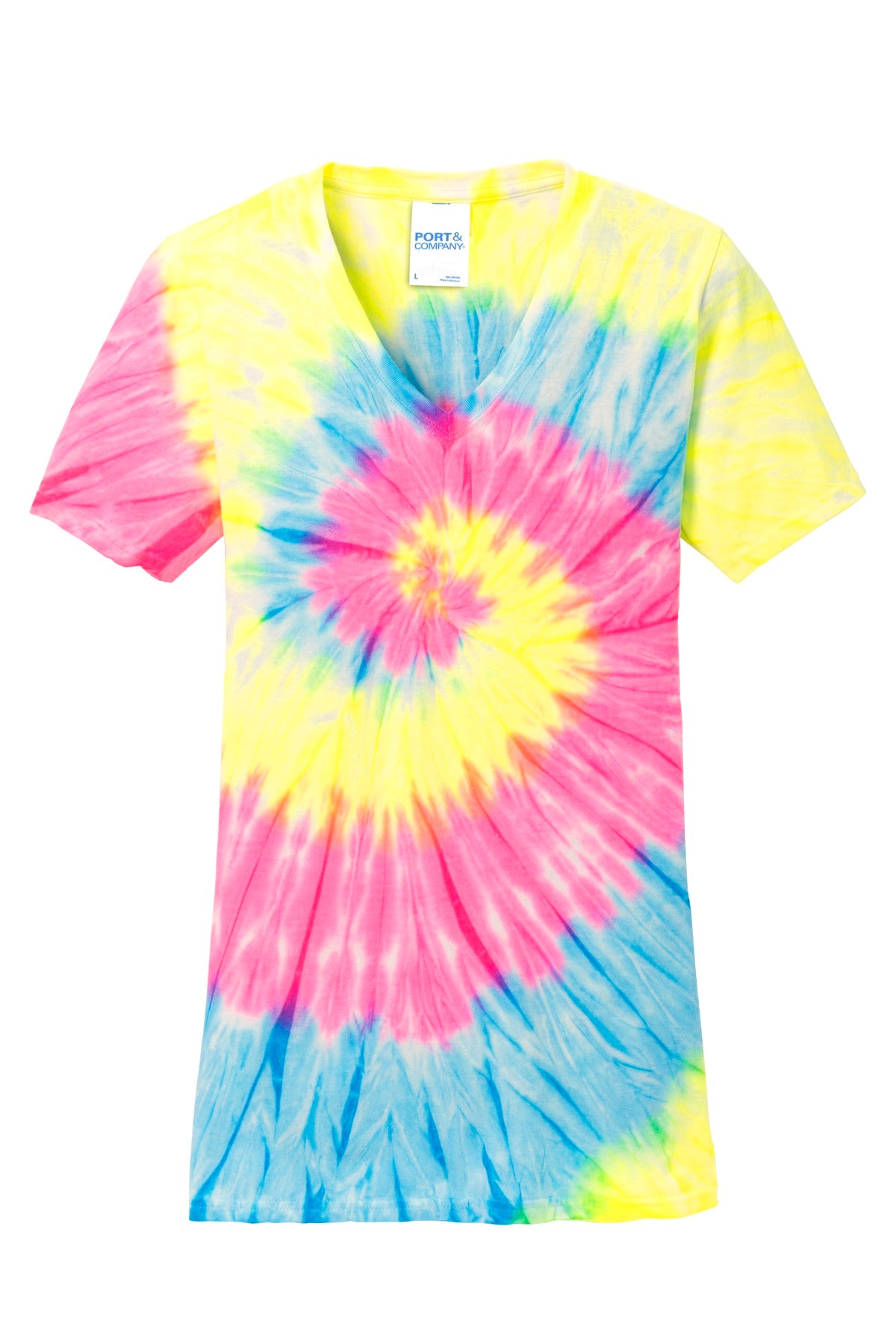 Front View of Neon Rainbow Port & Co Women's Tie-Dye V-Neck Tee. LPC147V