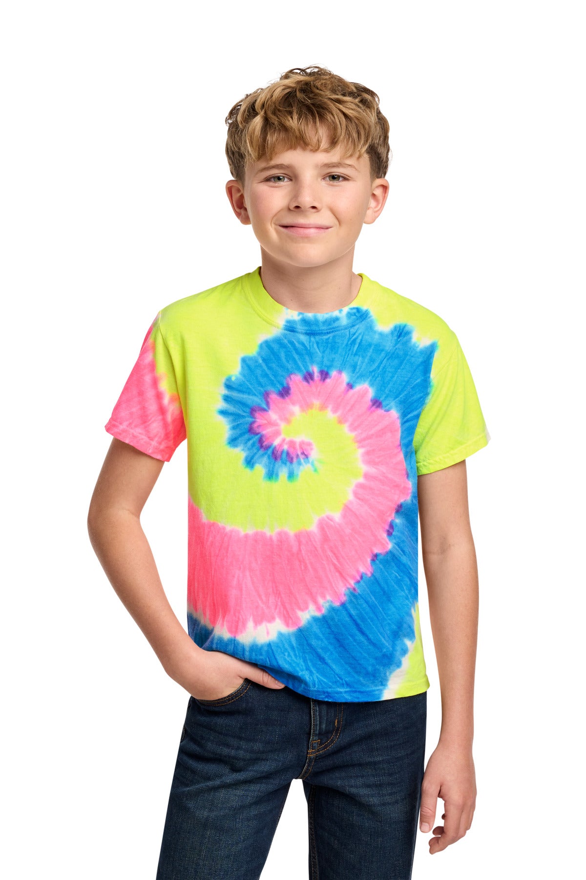 Front View of Neon Rainbow Port & Co Youth Tie-Dye Tee. PC147Y plain