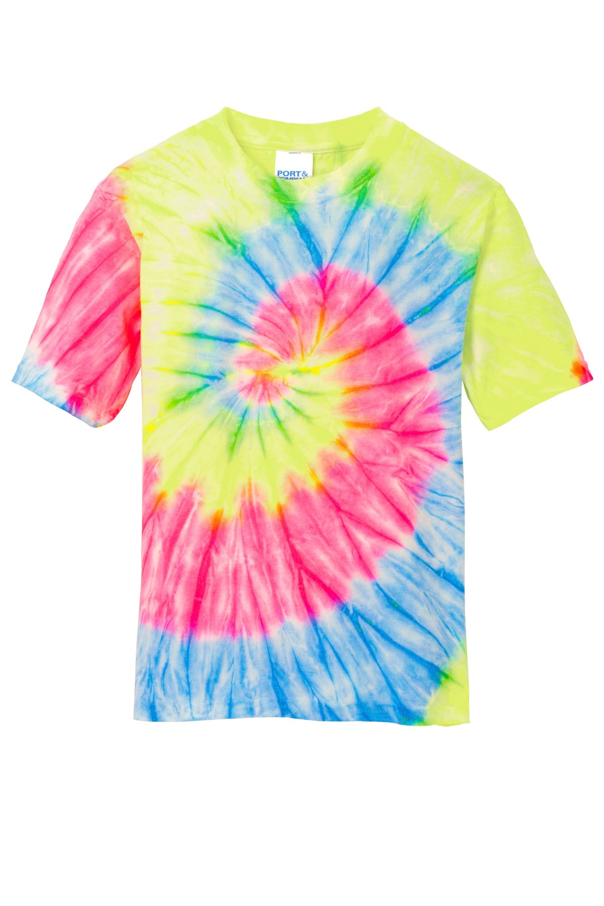 Front View of Neon Rainbow Port & Co Youth Tie-Dye Tee. PC147Y plain