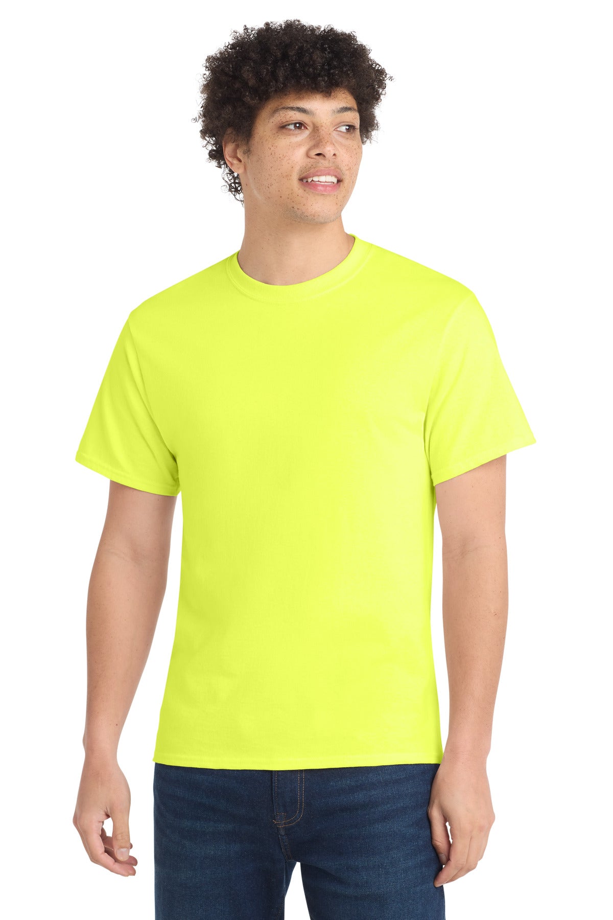 Front View of Neon Yellow Port & Co Core Cotton Tee. PC54 plain