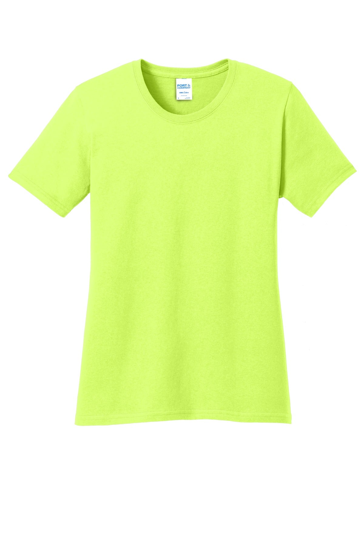 Front View of Neon Yellow Port & Co Women's Core Cotton Tee. LPC54 plain