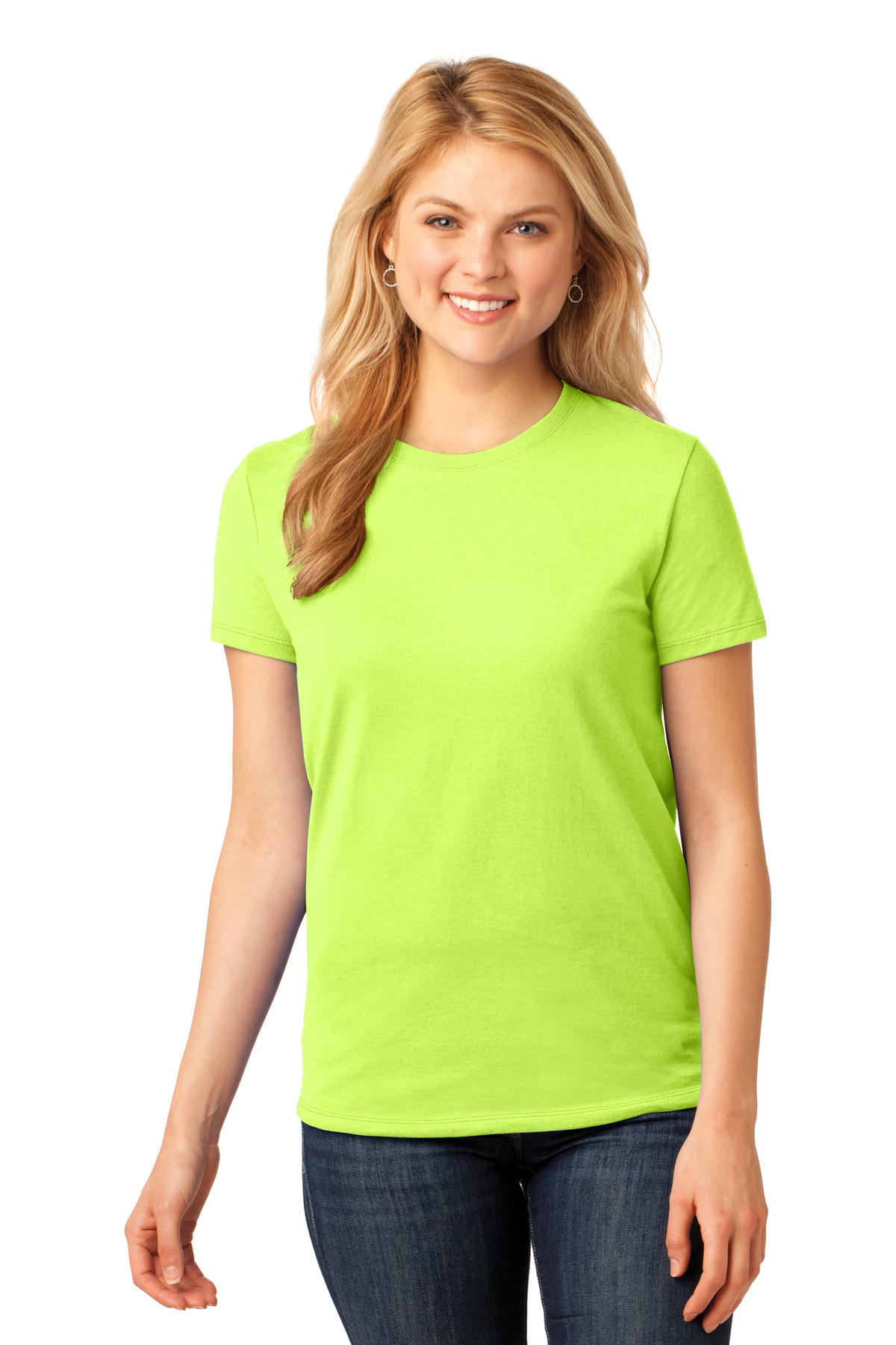 Front View of Neon Yellow Port & Co Women's Core Cotton Tee. LPC54 plain