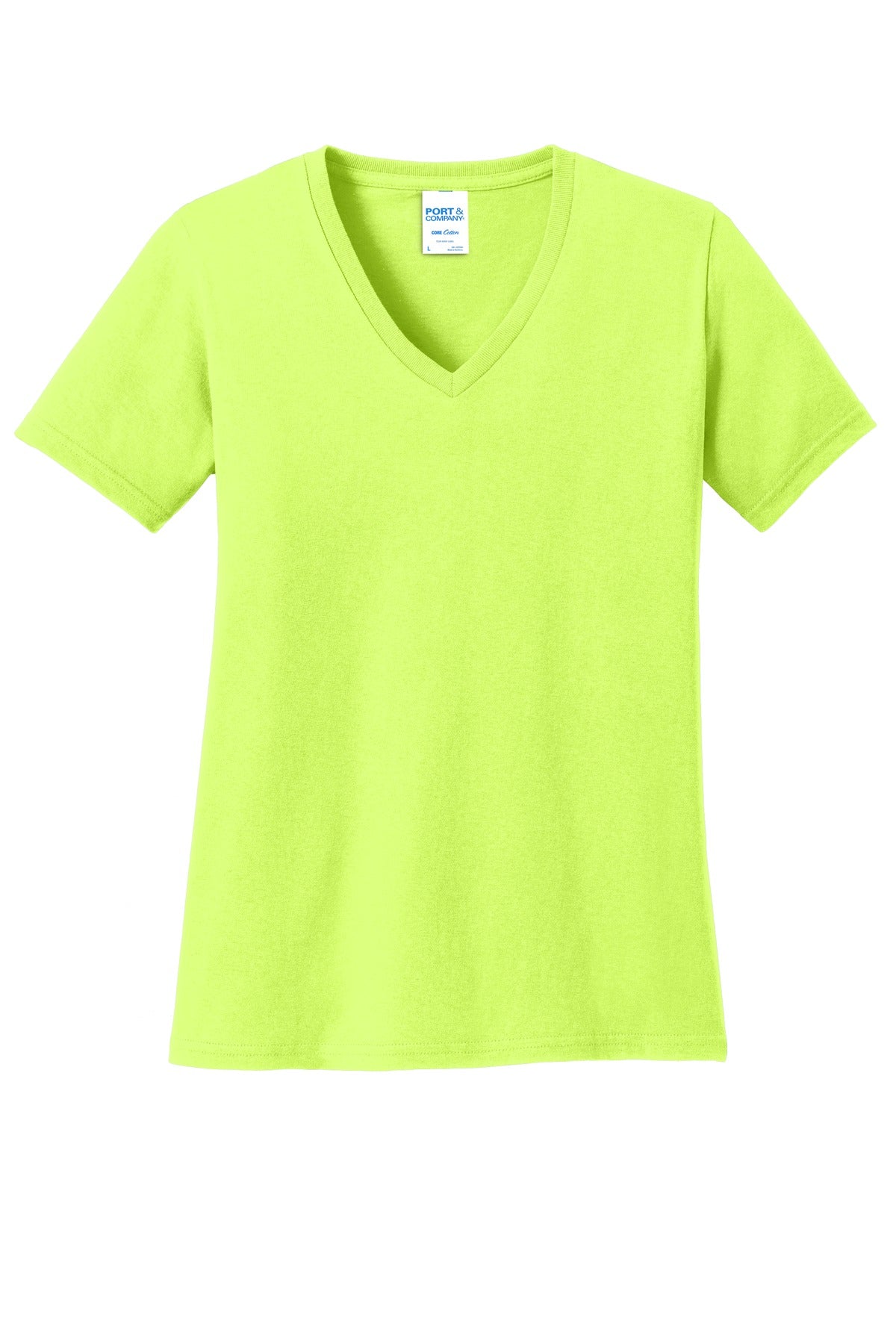 Front View of Neon Yellow Port & Co Women's Core Cotton V-Neck Tee. LPC54V plain