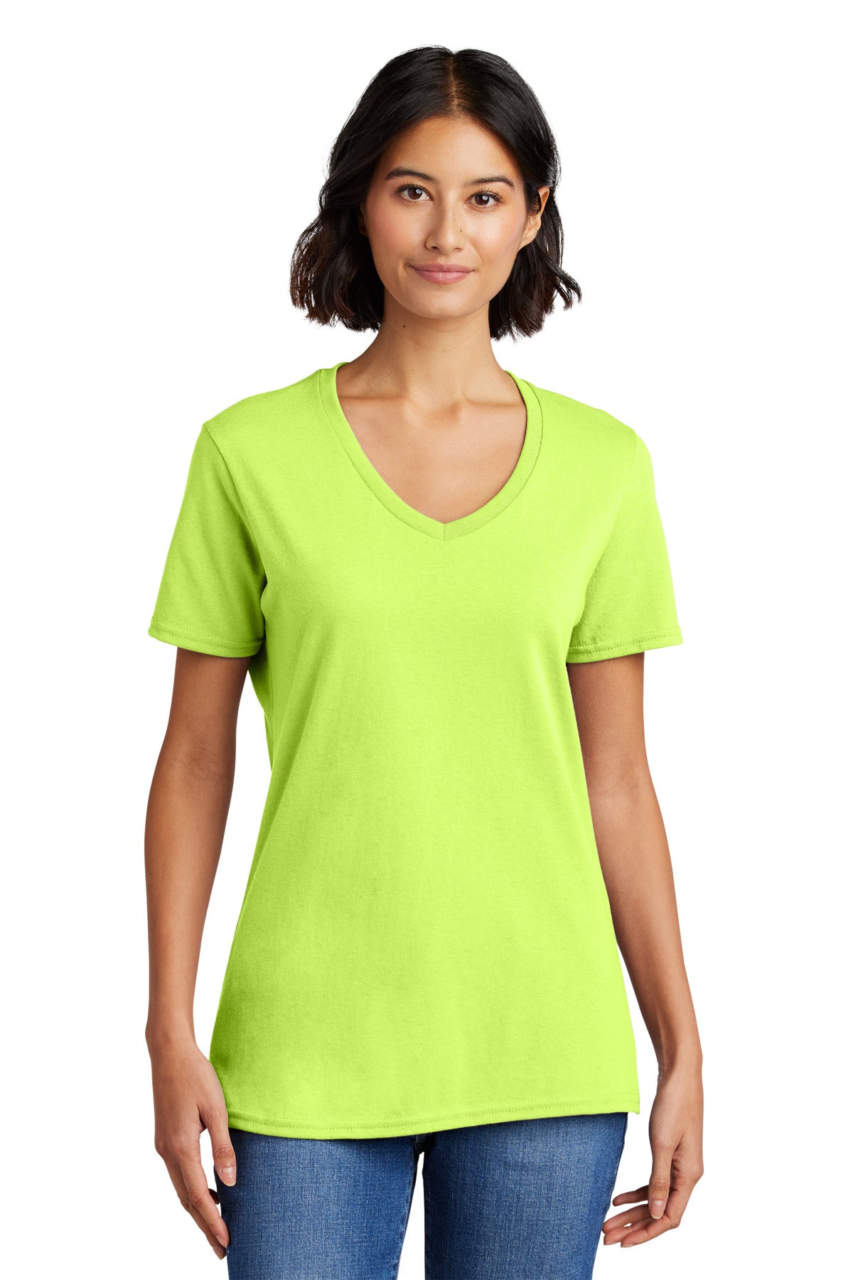 Front View of Neon Yellow Port & Co Women's Core Cotton V-Neck Tee. LPC54V plain