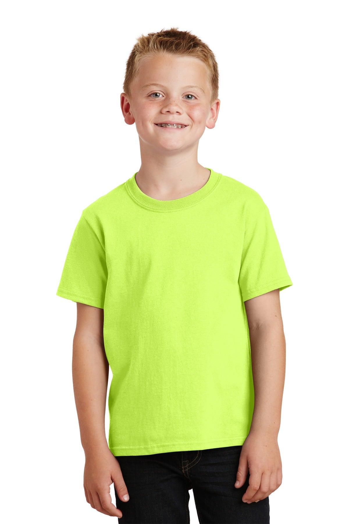 Front View of Neon Yellow Port & Co Youth Core Cotton Tee. PC54Y plain