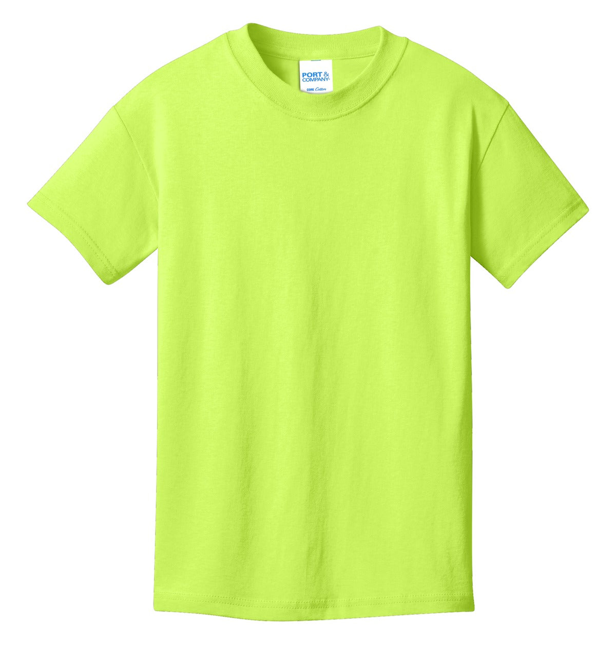 Front View of Neon Yellow Port & Co Youth Core Cotton Tee. PC54Y plain
