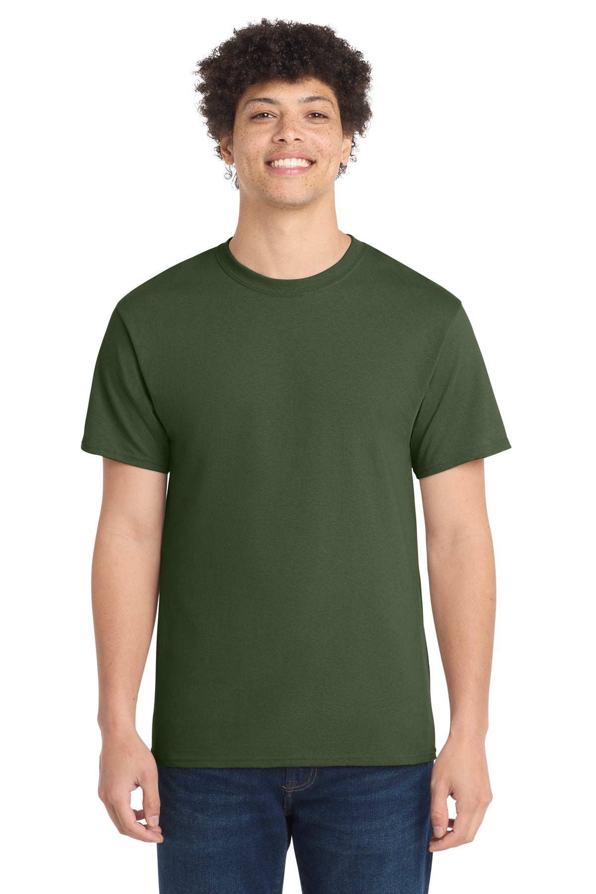 Front View of Olive Port & Co Core Cotton Tee. PC54 plain