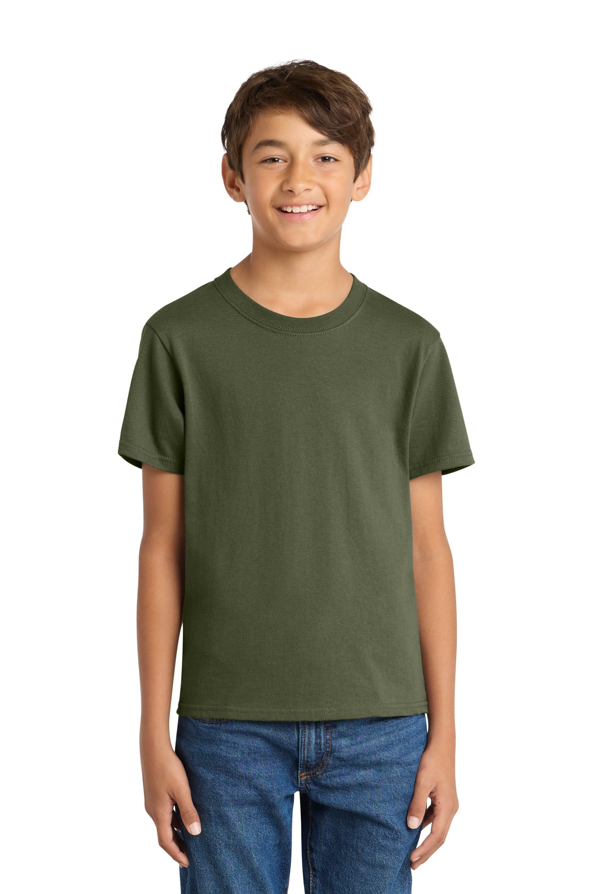 Front View of OlvDrabGn Port & Co Youth Core Cotton Tee. PC54Y plain