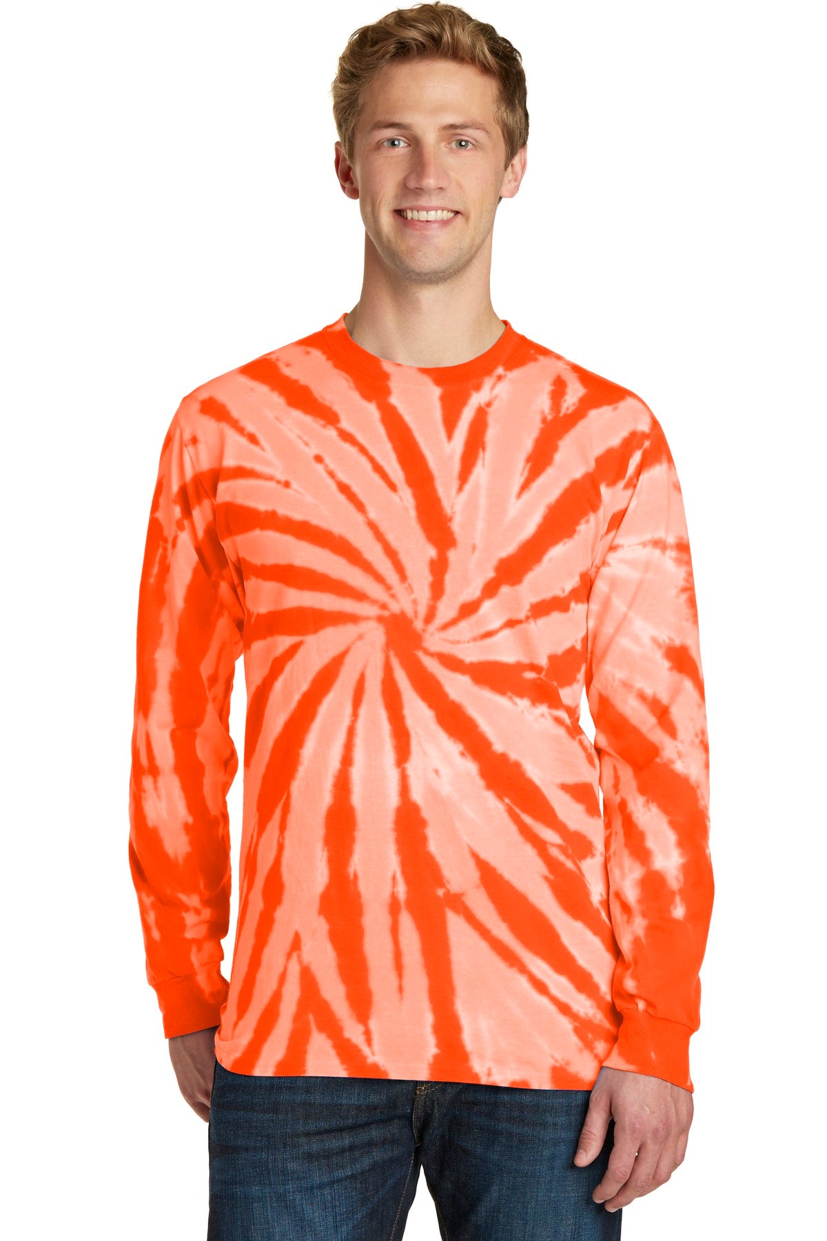 Front View of Orange Port & Co Tie-Dye Long Sleeve Tee. PC147LS plain