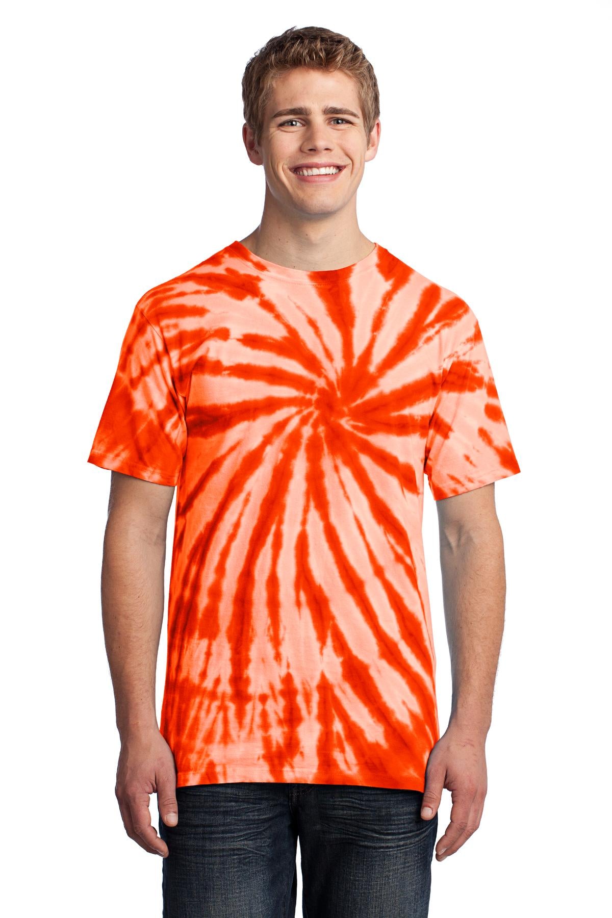 Front View of Orange Port & Co Tie-Dye Tee. PC147 plain