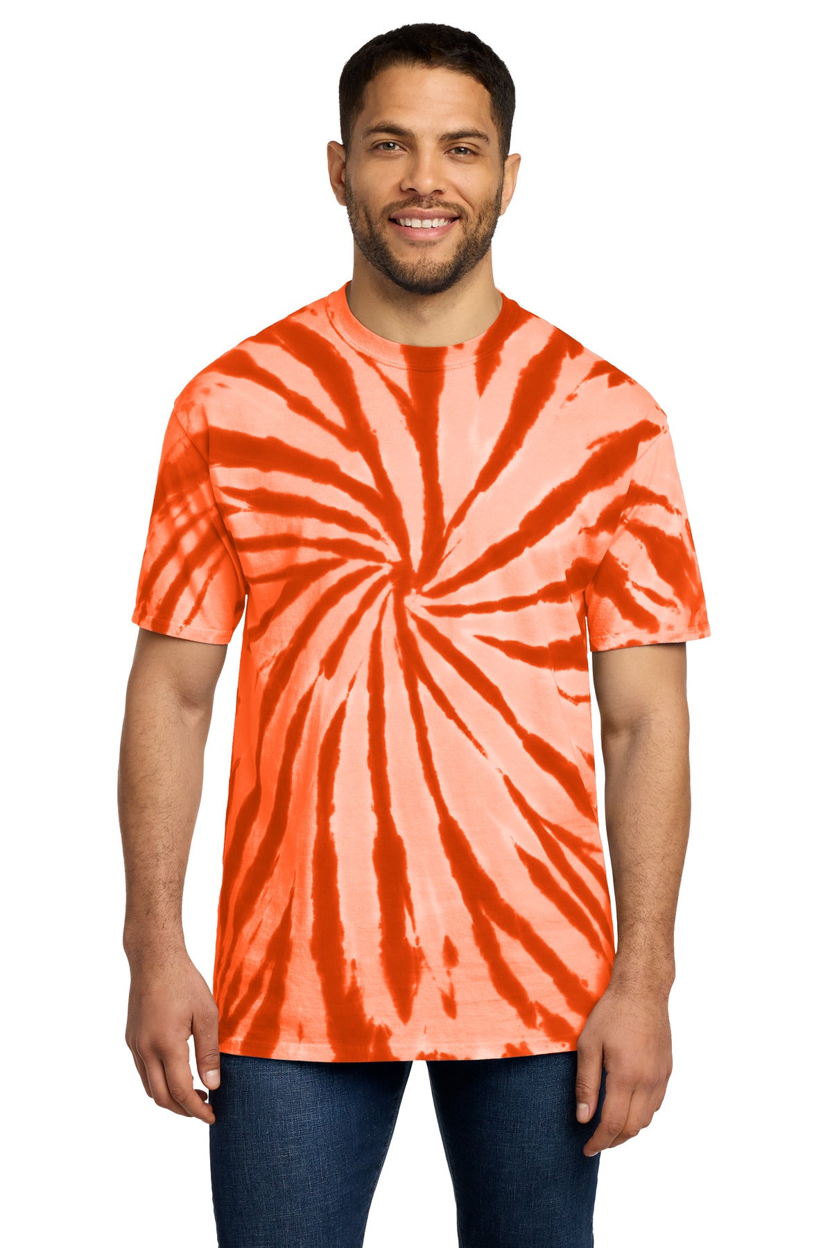 Front View of Orange Port & Co Tie-Dye Tee. PC147 plain