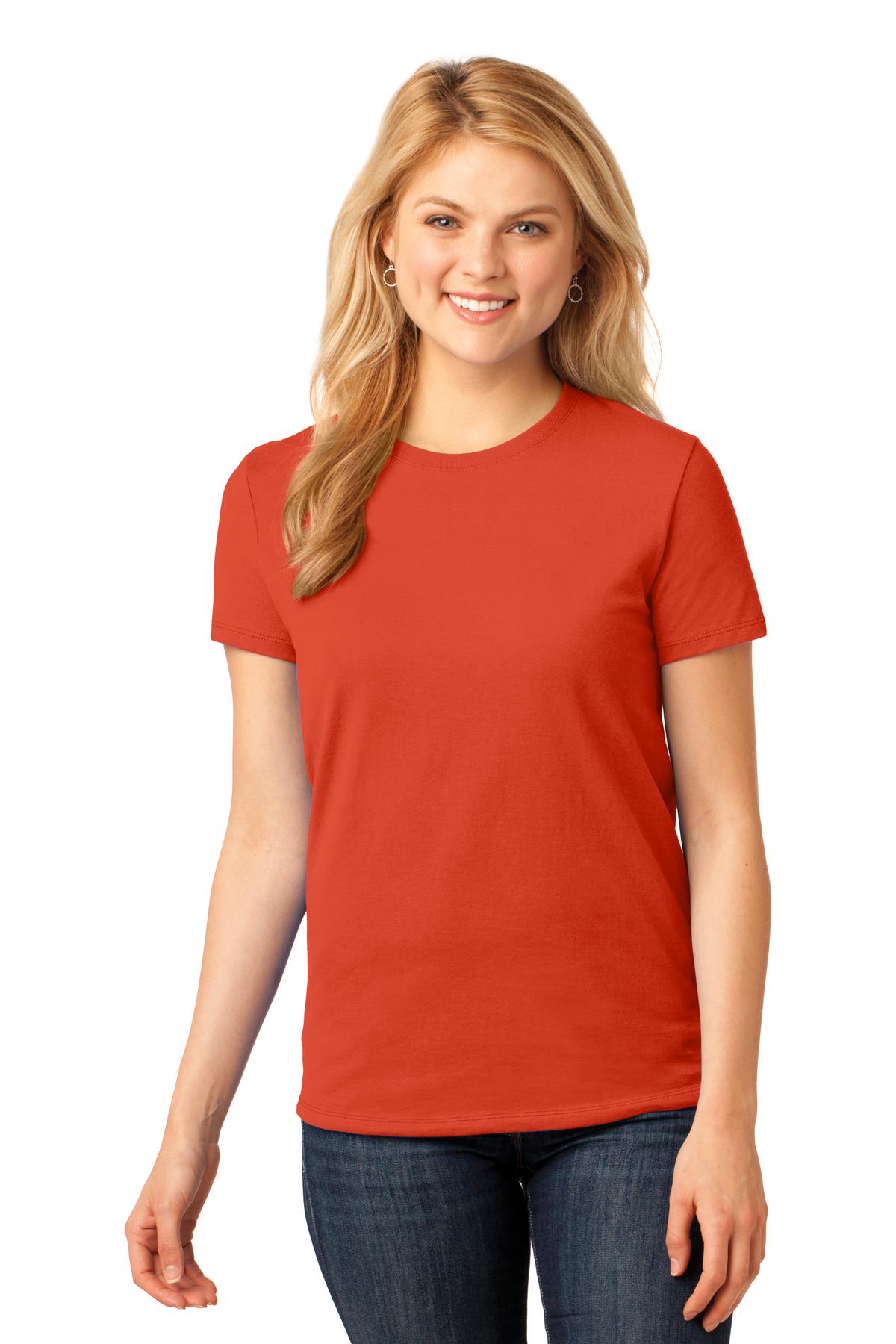 Front View of Orange Port & Co Women's Core Cotton Tee. LPC54 plain