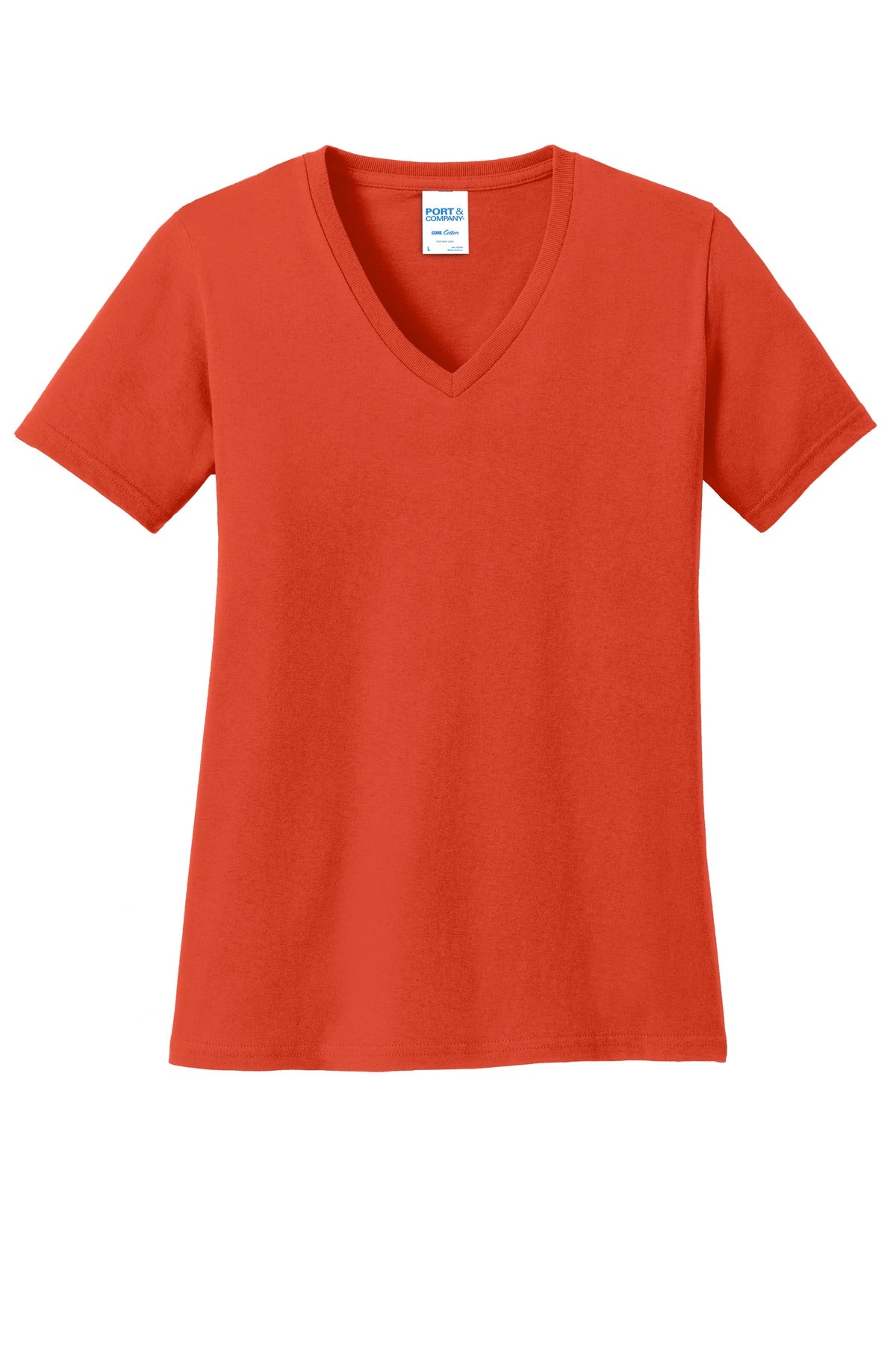 Front View of Orange Port & Co Women's Core Cotton V-Neck Tee. LPC54V plain
