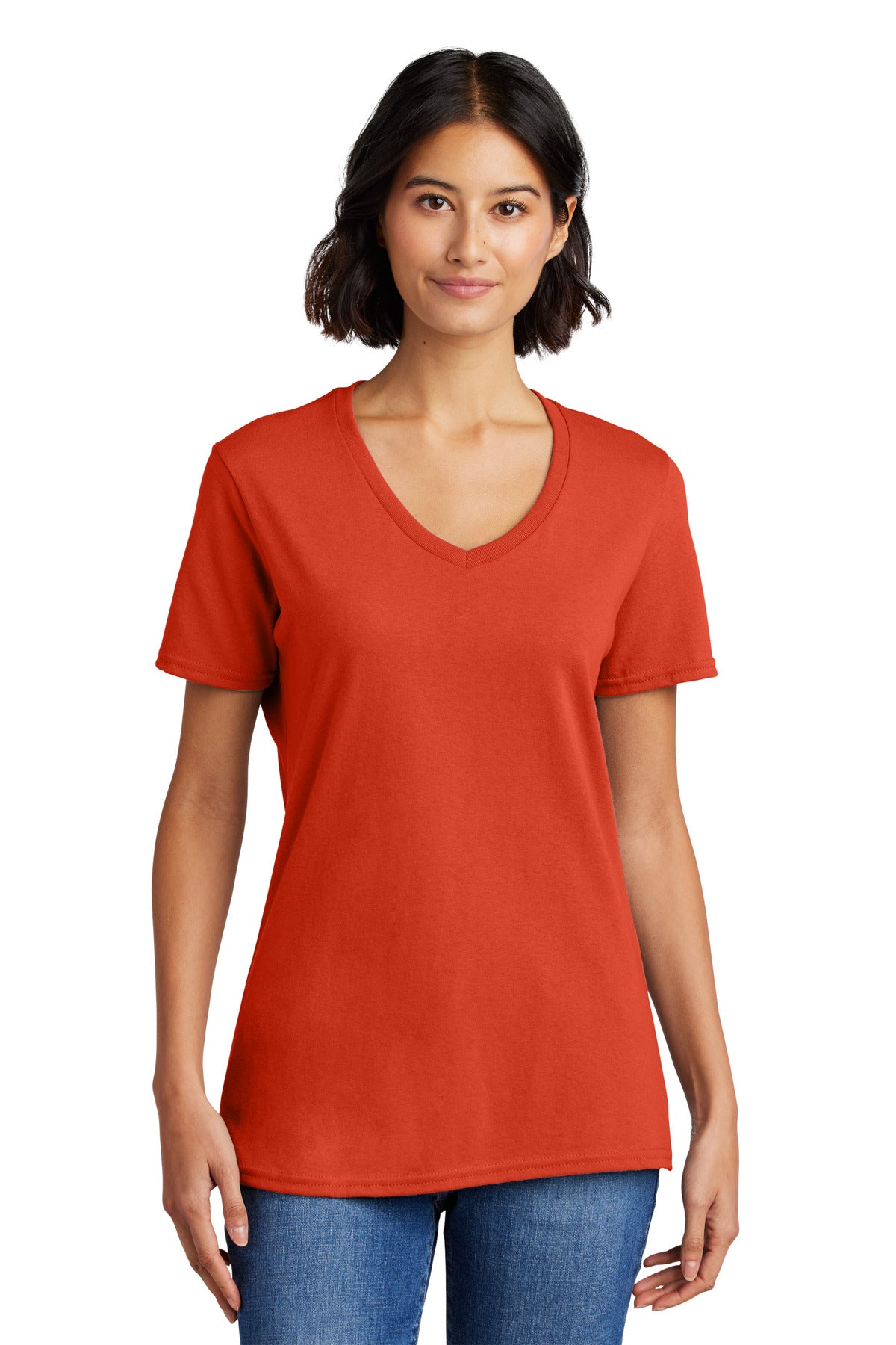 Front View of Orange Port & Co Women's Core Cotton V-Neck Tee. LPC54V plain