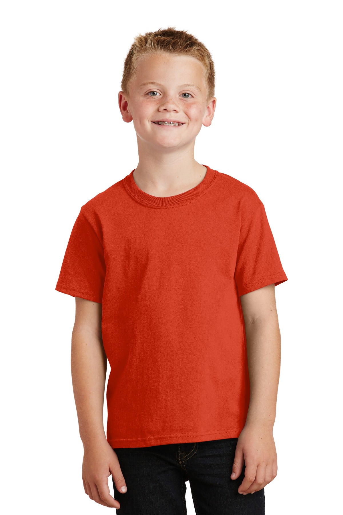 Front View of Orange Port & Co Youth Core Cotton Tee. PC54Y plain